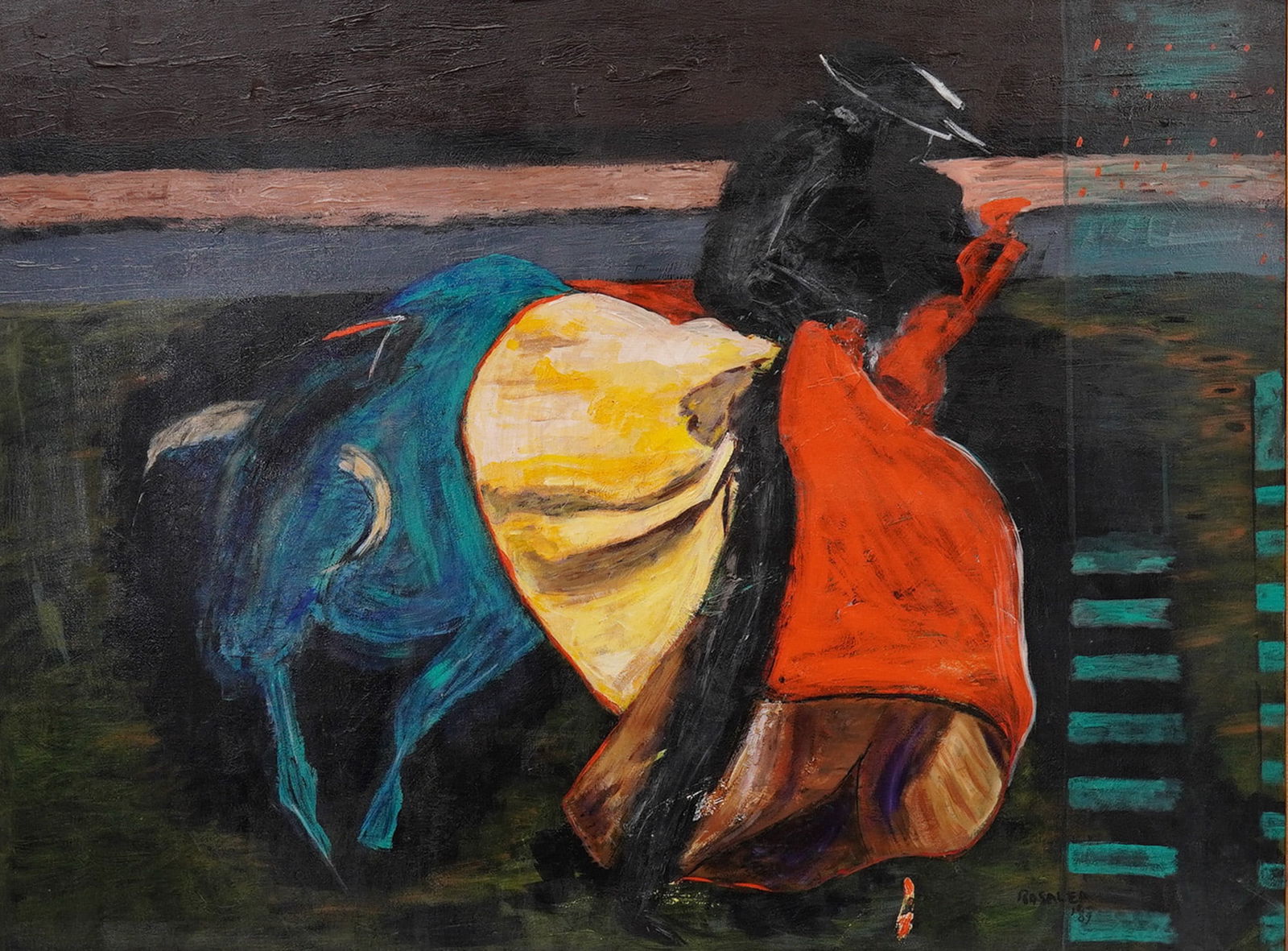Rosalea Murphy (American, 1920-2000) Oil on Canvas, Bullfighter, Signed: An expressive oil on canvas by Rosalea Murphy, the beloved Santa Fe artist celebrated for her bold palette, dramatic contrasts, and spirited depictions of Southwestern subjects. Murphy captures the in