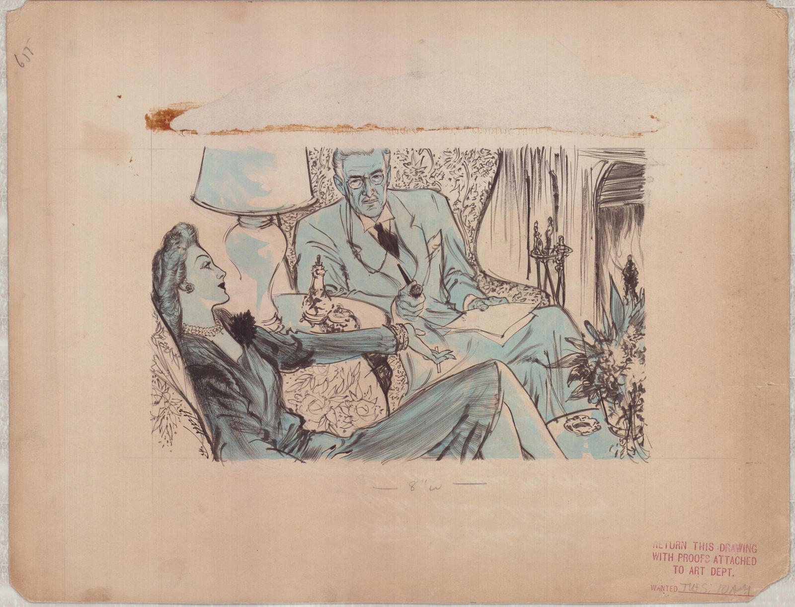 Wayne Hall Illustration Traveler Returns Story: Original illustration by Wayne Hall executed for the story 'The Traveler Returns' by Patricia Wentworth, published August 5, 1948. The work is a commercial illustration depicting a figurative