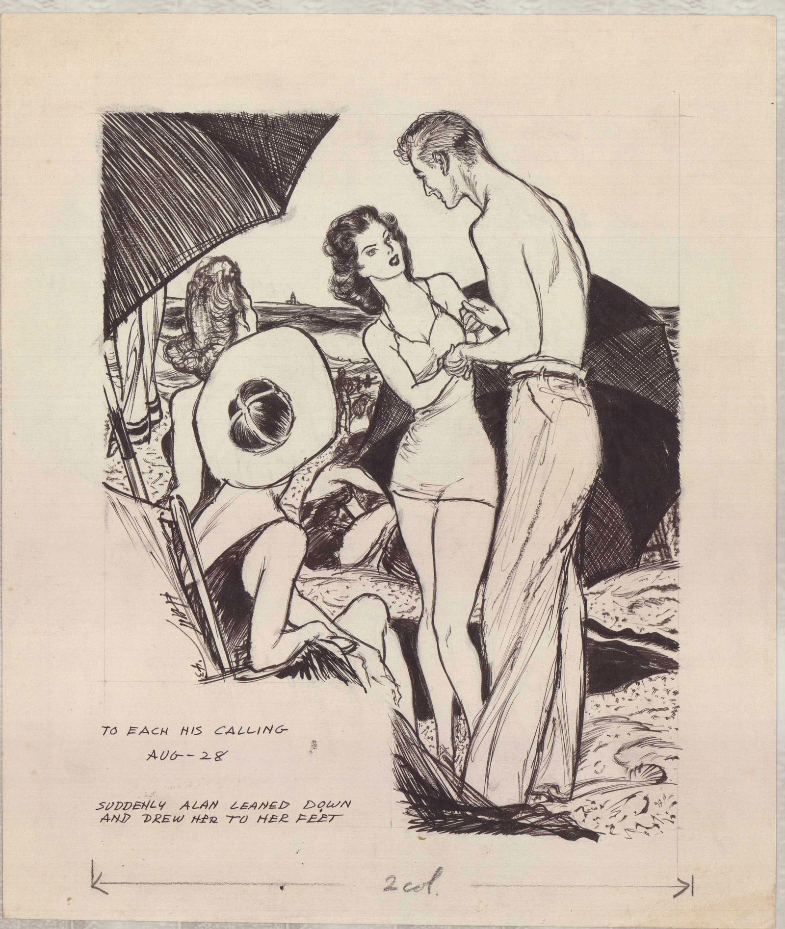 Wayne Hall Pen & Ink Drawing Illustration To Each His Calling: Original illustration by Wayne Hall executed in black pen and ink depicting a figural beach scene. A shirtless man stands over a woman in a bathing suit, drawing her to her feet, with other figures an