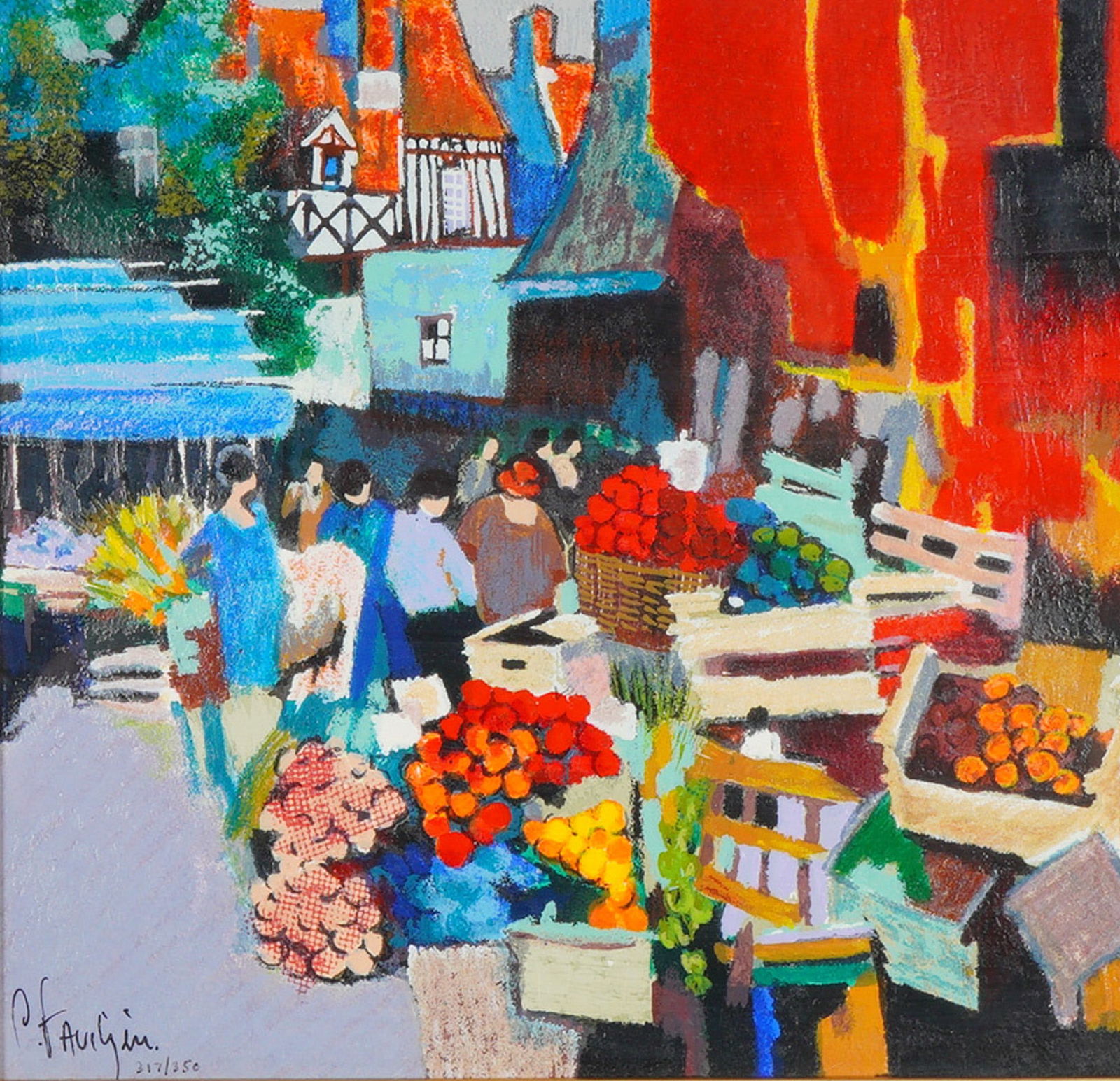 Claude Fauchere (French b. 1936) Serigraph on Paper, A Market Scene II: A framed serigraph on textured paper by French artist Claude Fauchere depicting a bustling open-air market scene. The work in made in a post-impressionistic style characterized by bold, vibrant