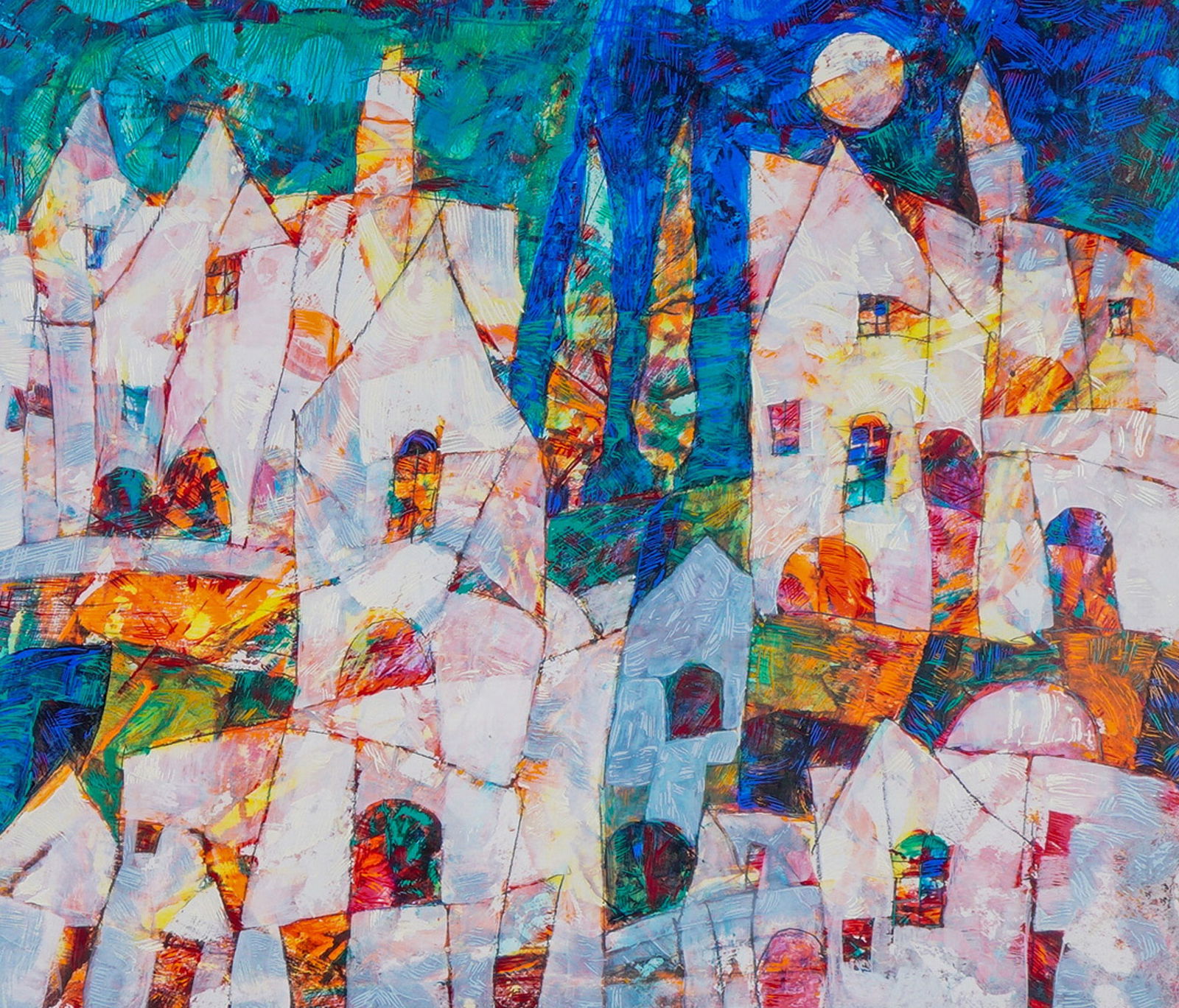 Harry Guttman (Hungarian 1933-2015) Seriolithograph on Paper, City Square: A limited-edition seriolithograph on paper by artist Harry Guttman, titled "City Square." The work depicts an abstract, heavily textured cityscape or village scene rendered in a vibrant palette