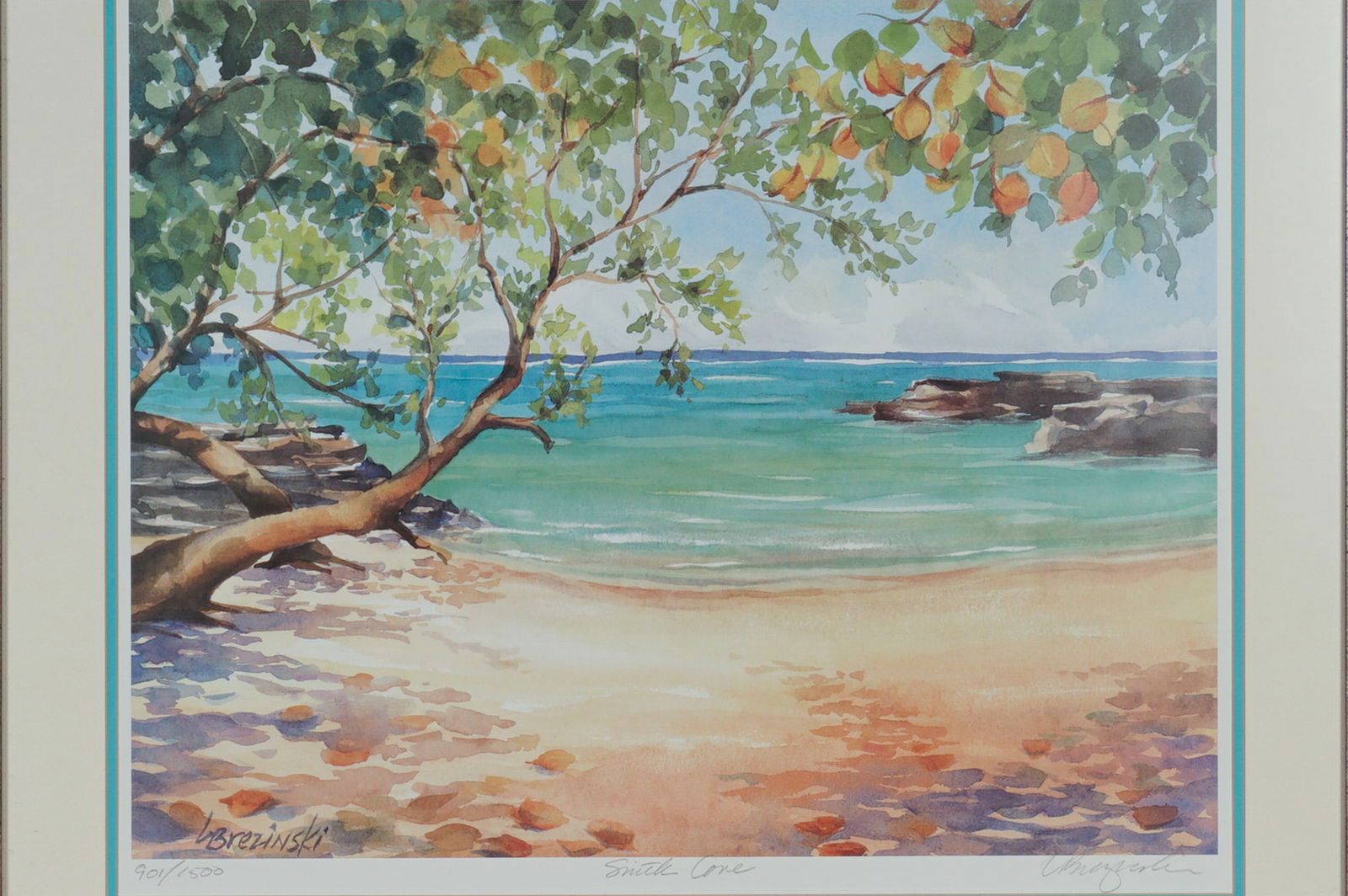 Lois Brezinski, Lithograph on Paper, Smith Cove, Signed & Numbered: A captivating coastal landscape by American artist Lois Brezinski, titled Smith Cove. This limited edition lithograph beautifully portrays a tranquil beach framed by overhanging foliage, shimmering