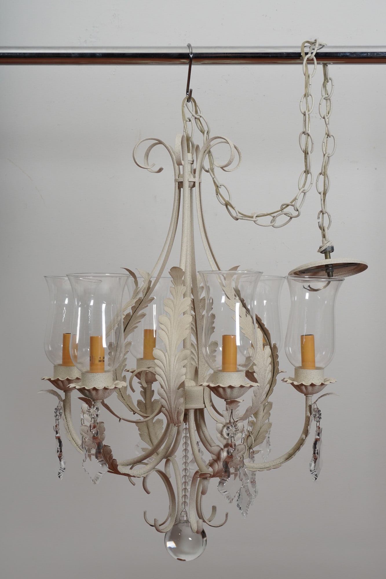Mid-Century Painted Iron Chandelier with Leaf Scrolls and Crystal Drops (1 of 7)