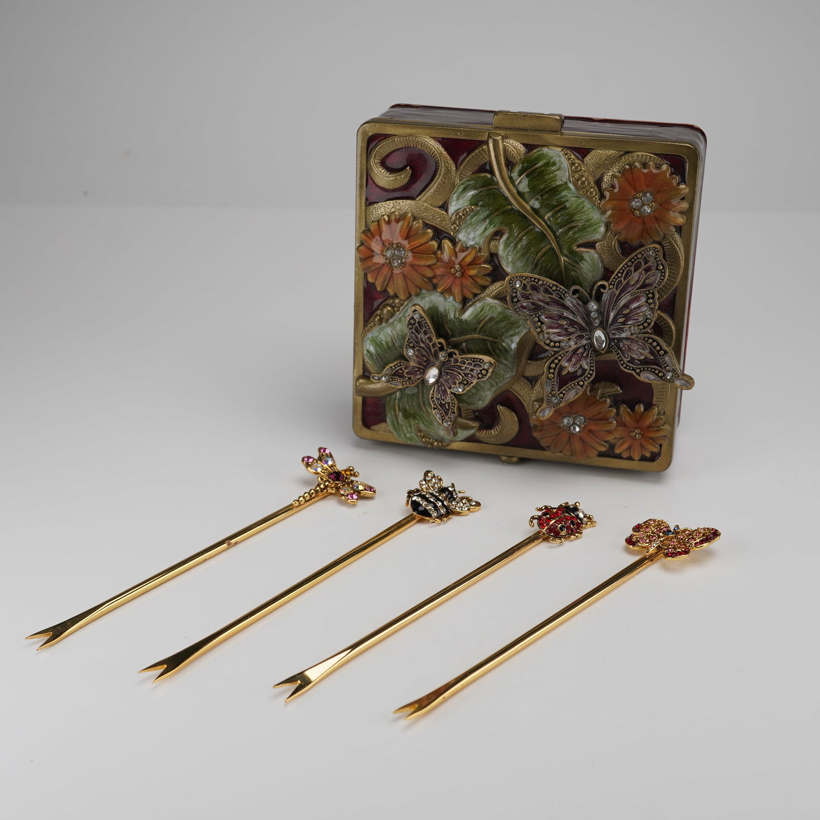6 Bombay Co. Jeweled Cocktail Picks & Enamel Butterfly Box (1 of 4)