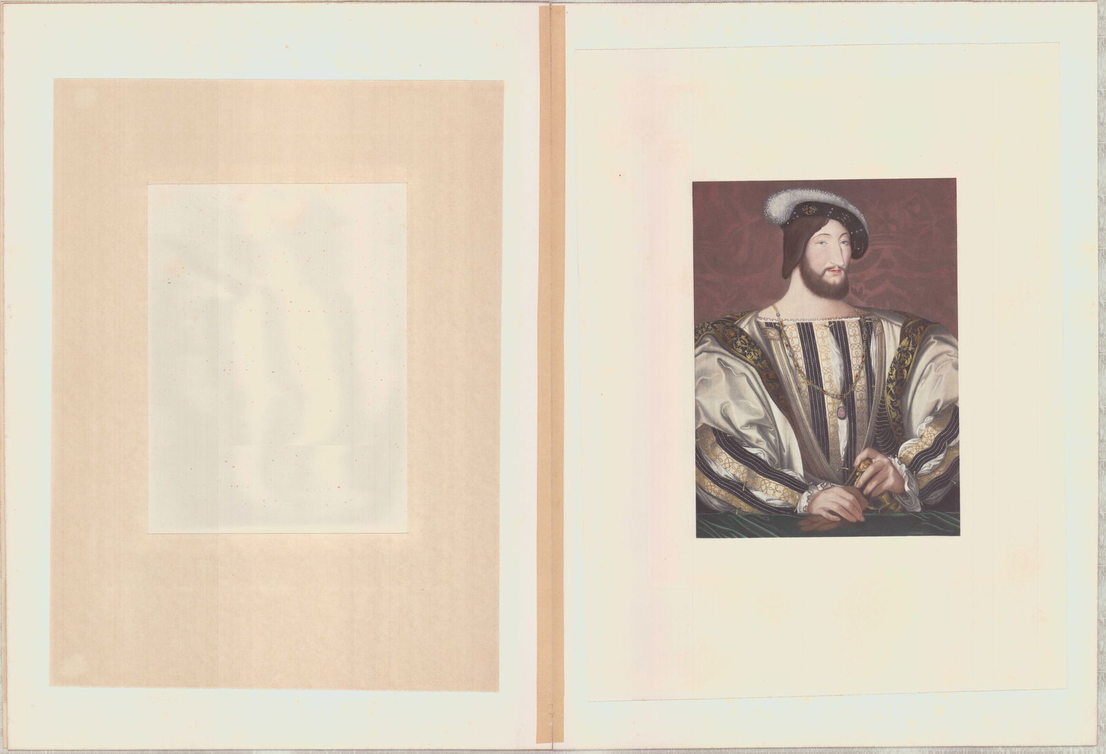 Jean Clouet Portrait of Francis I King of France: Chromolithograph after Jean Clouet (French, c. 1480-1540) depicting the bust-length Portrait of Francis I (Frano?ois I), King of France. The subject is rendered in the Renaissance style, wearing elabo