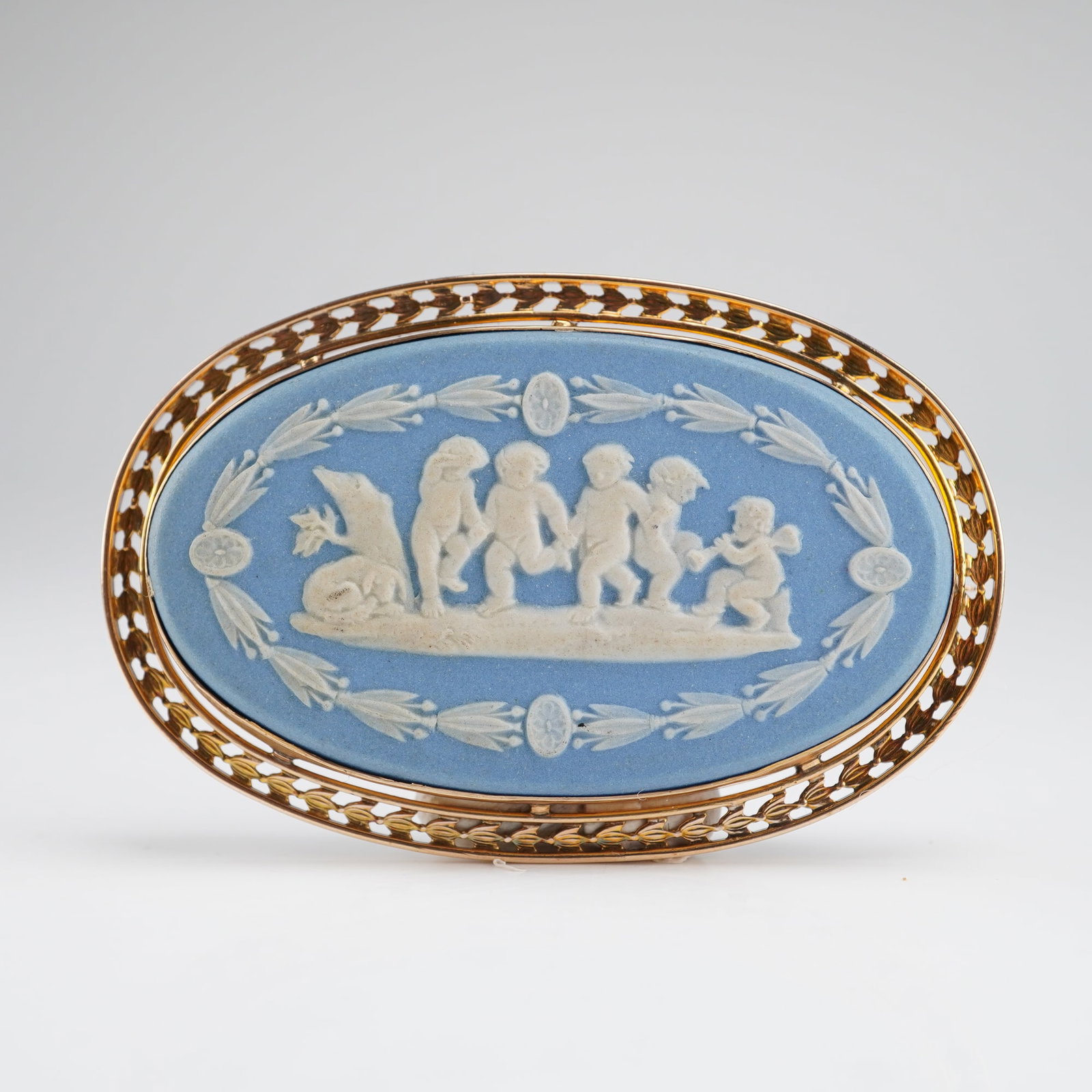 Wedgwood 10K Gold Mounted Blue Jasperware Cameo Brooch with Cupids (1 of 4)
