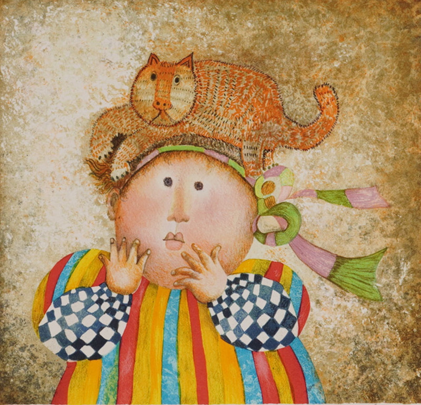 Graciela Rodo Boulanger Lithograph on Paper Signed with COA: A lithograph on paper by Graciela Rodo Boulanger titled "Premiers Compagnons" (First Companions), dated 2000. This piece depicts a stylized, childlike figure with a large orange, textured cat resting