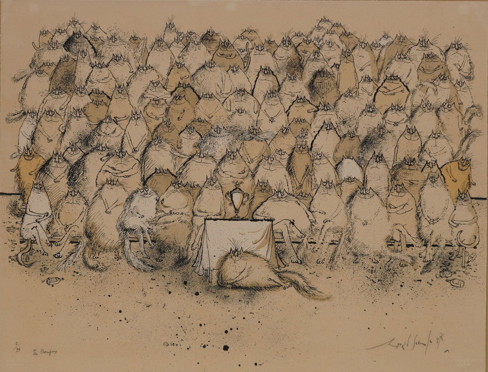 Ronald Searle Lithograph on Paper The Champions Signed and Numbered: A contemporary lithograph by Ronald Searle (British, 1920-2011) titled The Champions that depicts a large assembly of whimsical, anthropomorphic cats gathered around a central table with a trophy, wit