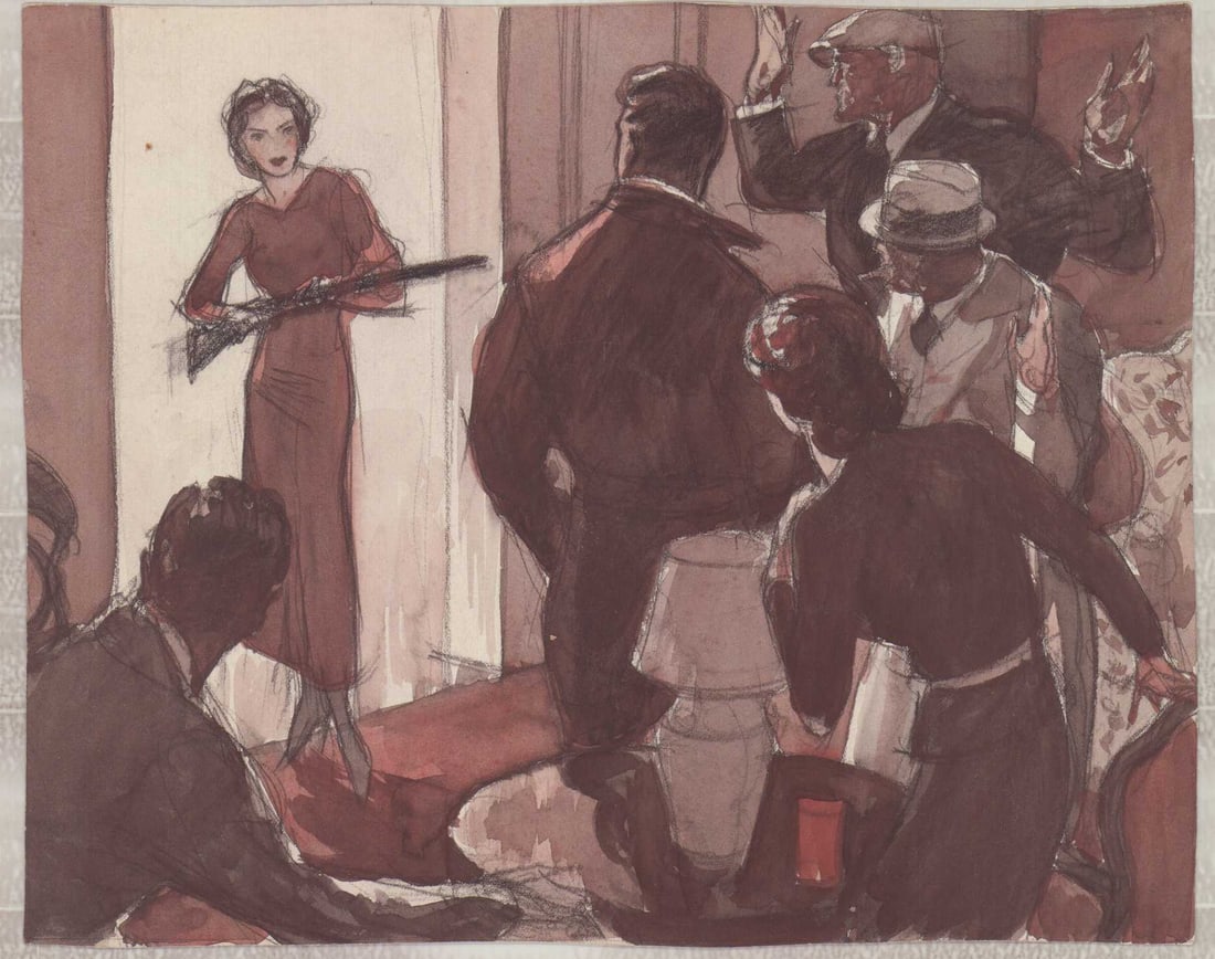 Wayne Hall American Original Illustration Confrontation Study Woman Rifle: Preliminary illustration study by Wayne Hall depicting a dramatic indoor narrative scene. The composition centers on a woman in a long, fitted dress standing in a doorway, holding a rifle, confronting