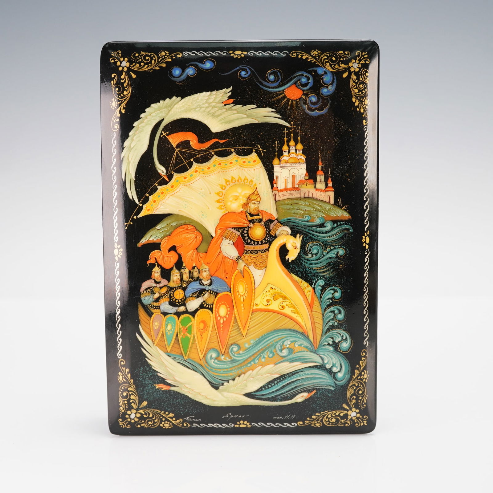 Russian Lacquered Rectangular Folklore Scene Box, Signed - 4