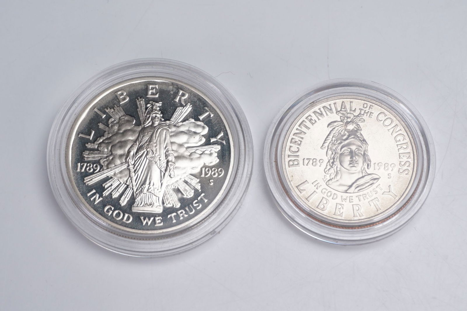 1989-S United States Mint 2 Congressional Silver Coin Proof Set: Issued to commemorate the Bicentennial of the United States Congress (1789"1989), this two-coin proof set includes a silver dollar and a clad half dollar, both struck at the San Francisco Mint and bea