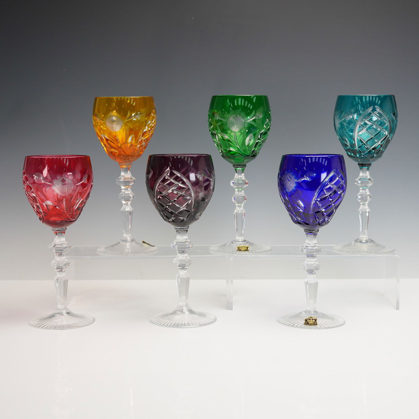 6pc E&R Golden Crown West German Crystal Wine Goblets w/ Box (1 of 8)