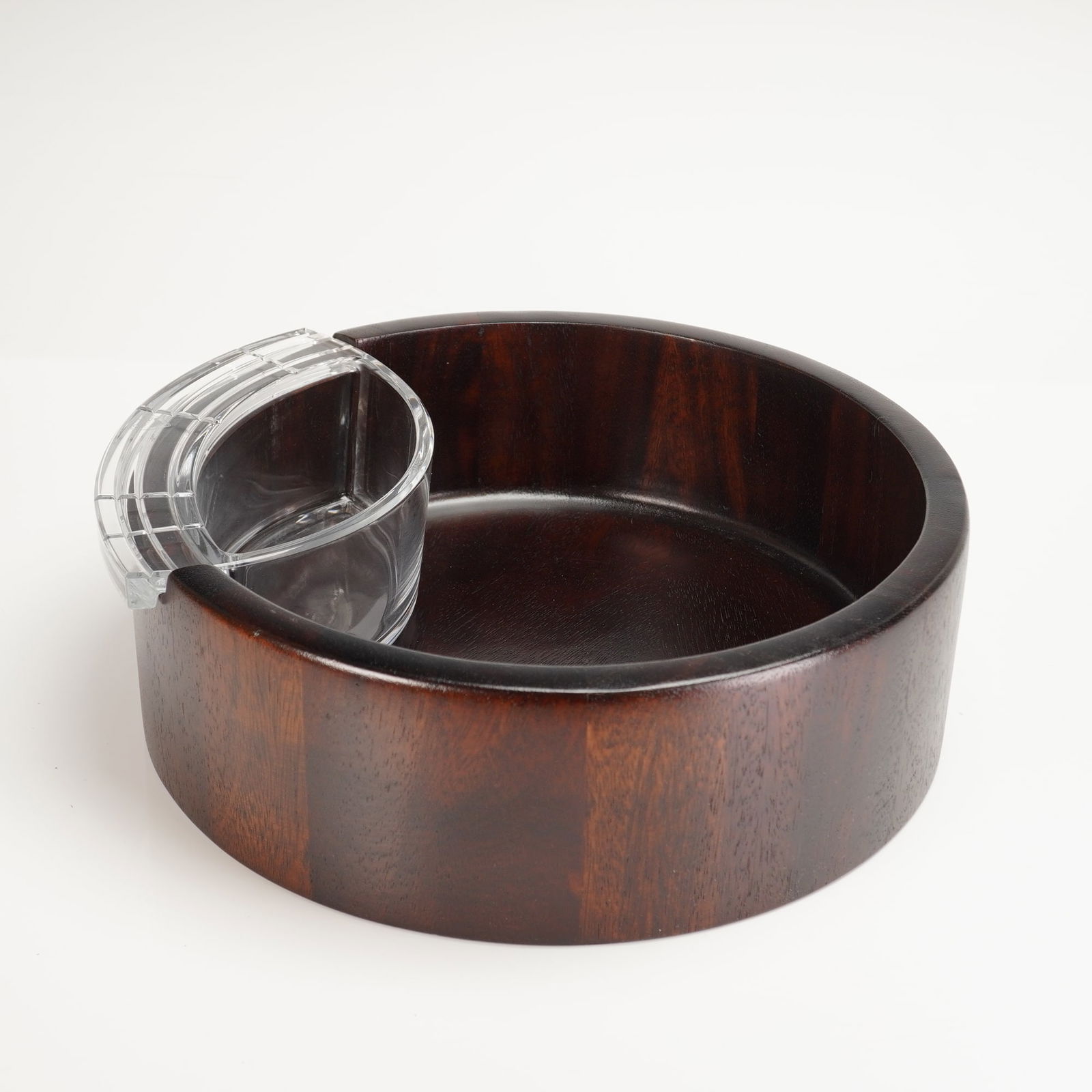 2 Orrefors Serving Set Wooden Bowl & Crystal Insert: The lot consists of a 2pc serving set attributed to Orrefors, Sweden. The set includes one large cylindrical bowl constructed of dark, vertical wood panels consistent with Mid-Century or Scandinavian