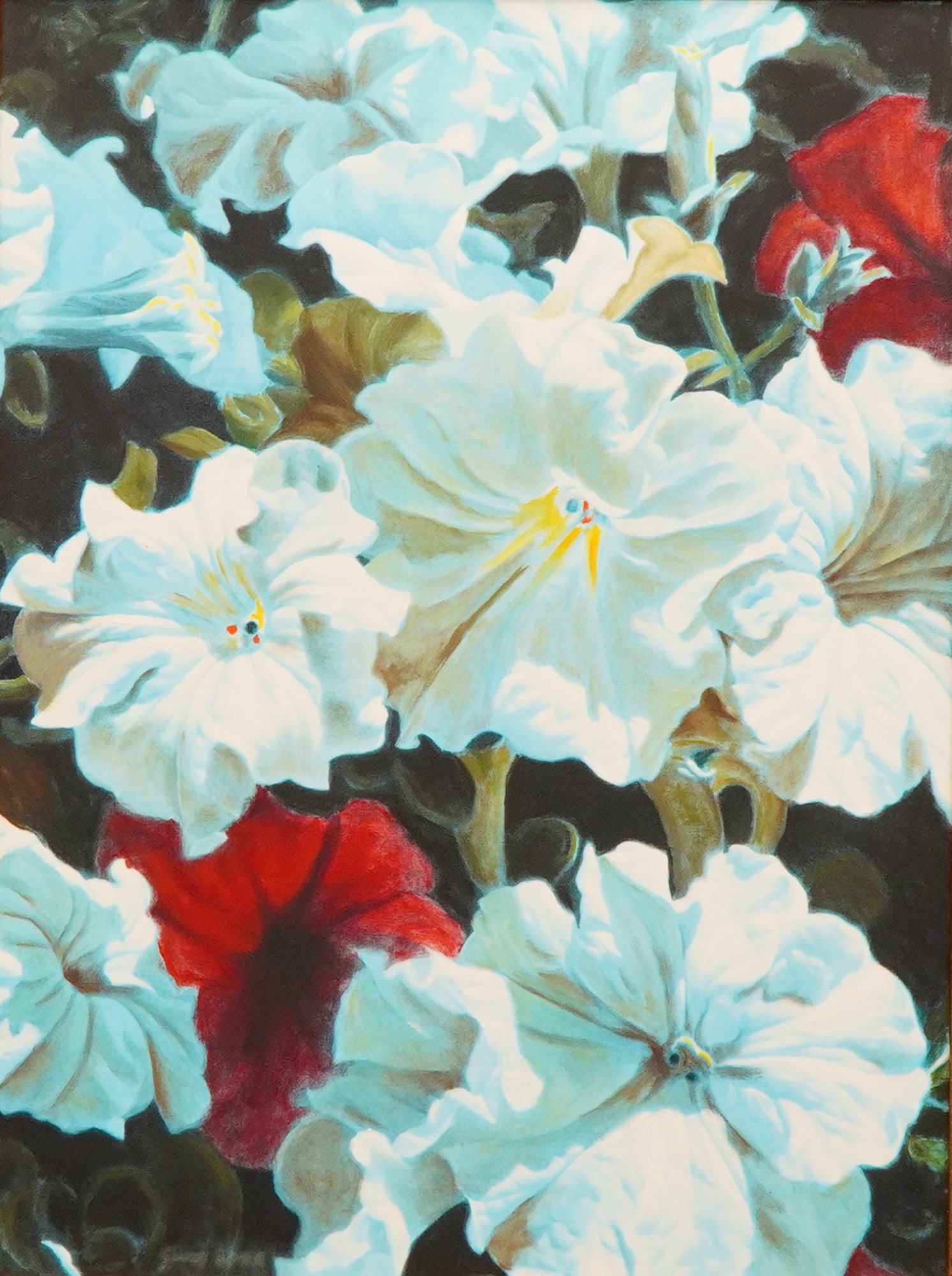 Michael Gerry Framed Giclee on Canvas, Playful Pleasures, Signed: Limited edition embellished giclee on canvas, titled Playful Pleasures. The work features a contemporary realistic depiction of white and red petunia blossoms rendered with intense light and cyan high