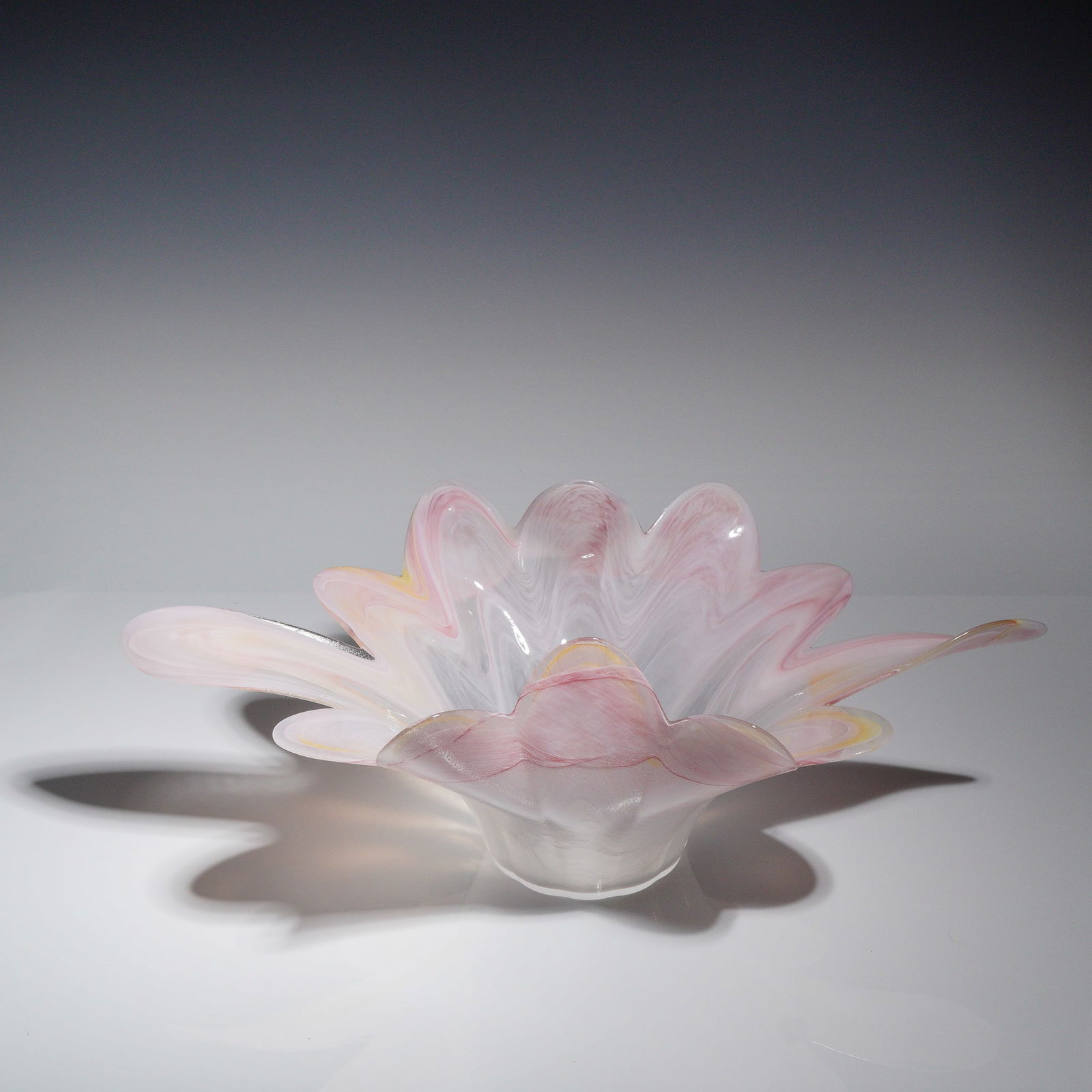 Murano Style Hand-Blown Pink and Yellow Floraform Centerpiece Bowl (1 of 4)