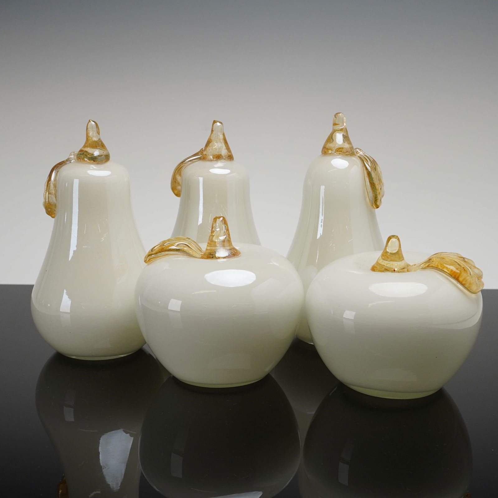 A Collection of Five White Murano Glass Fruit Sculptures Apple and Pear (1 of 5)