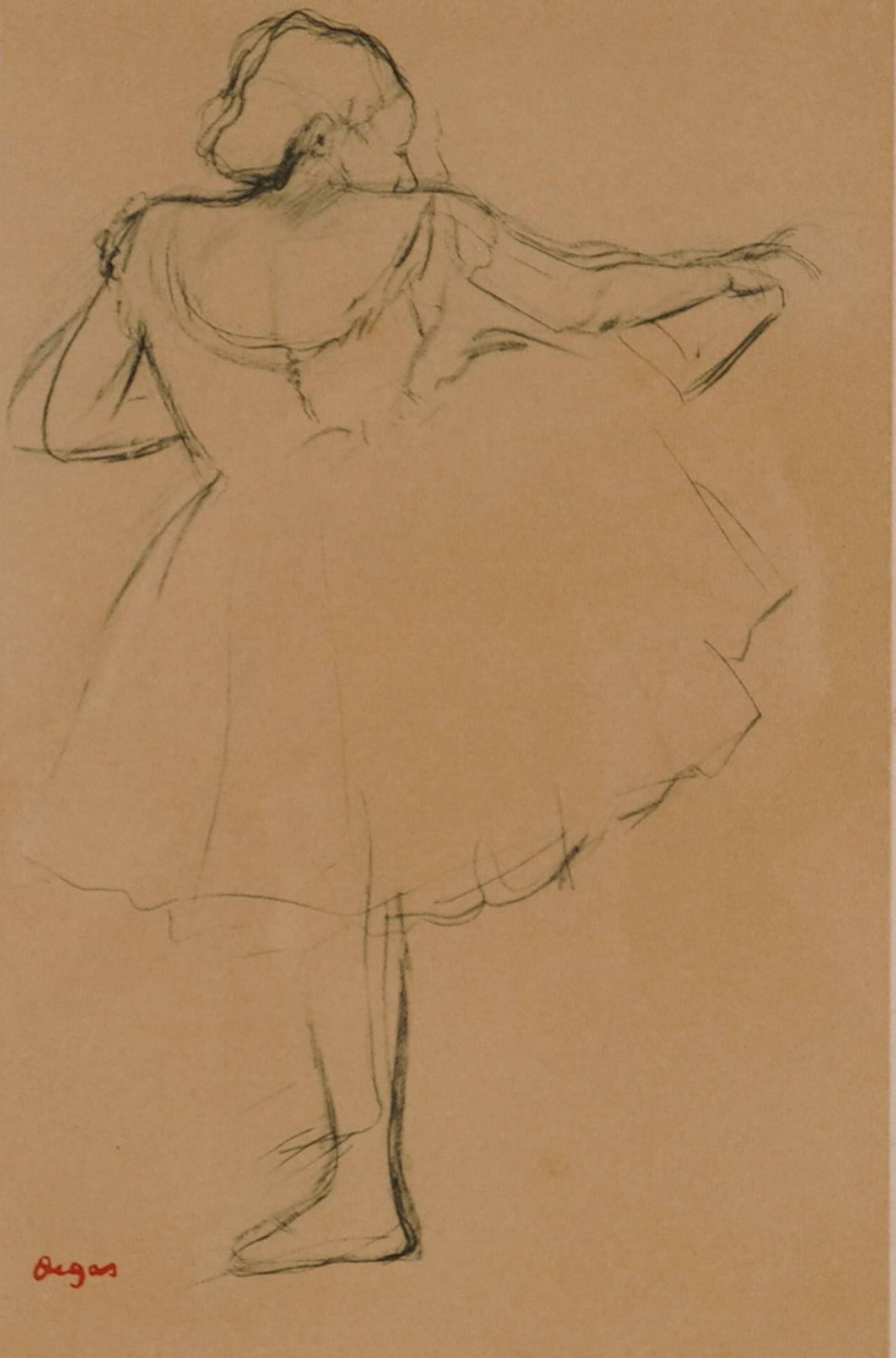 After Edgar Degas (1834-1917) Lithograph, Dancer at the Barre: This lithograph on tan paper after Impressionist Edgar Degas, is titled Dancer at the Barre and depicts a ballerina from behind as she adjusts her dress. The work features the signature "Degas" in the