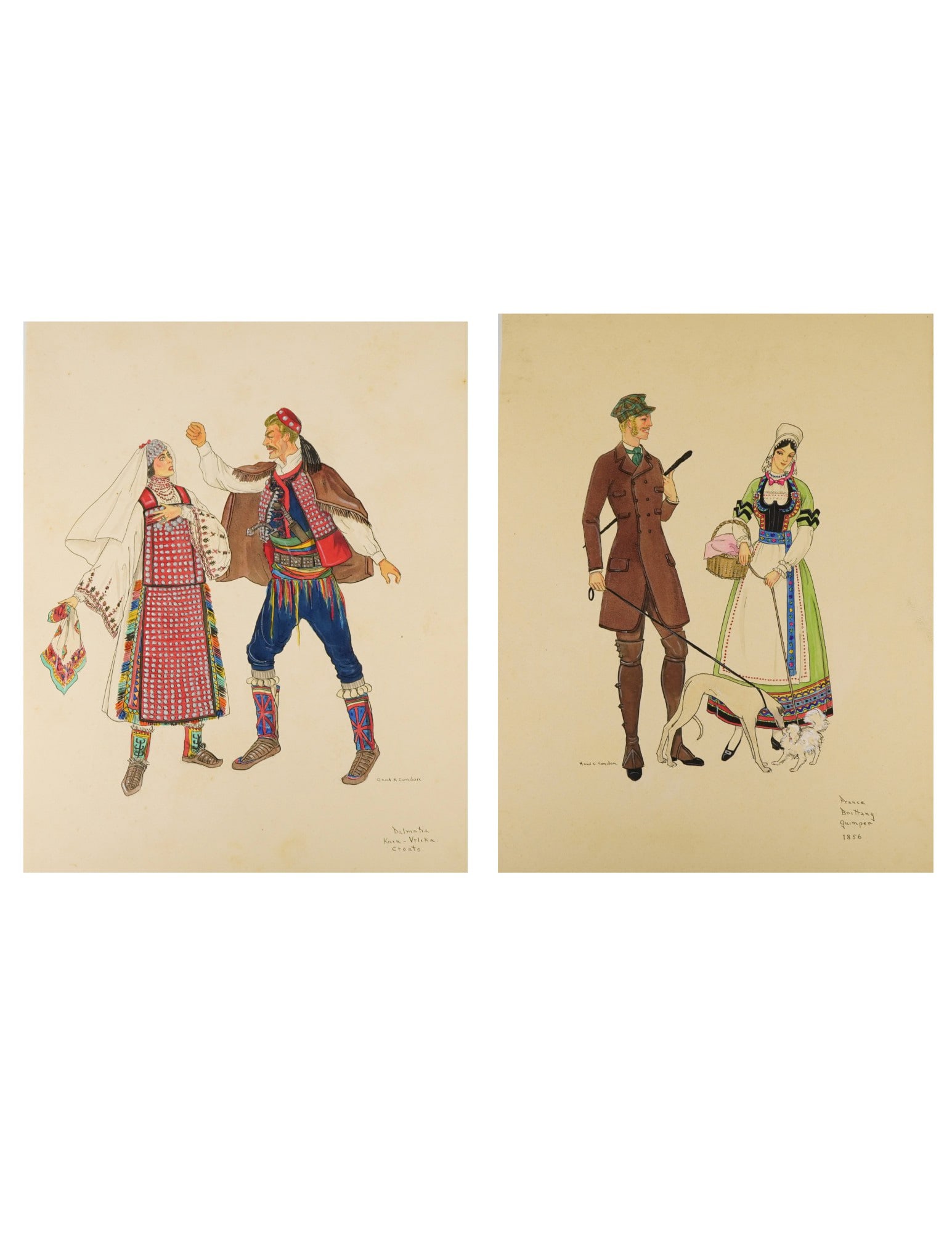 H. & C. Condon, 2pc Costume Design Watercolors & Ink on Paper, Signed (1 of 6)
