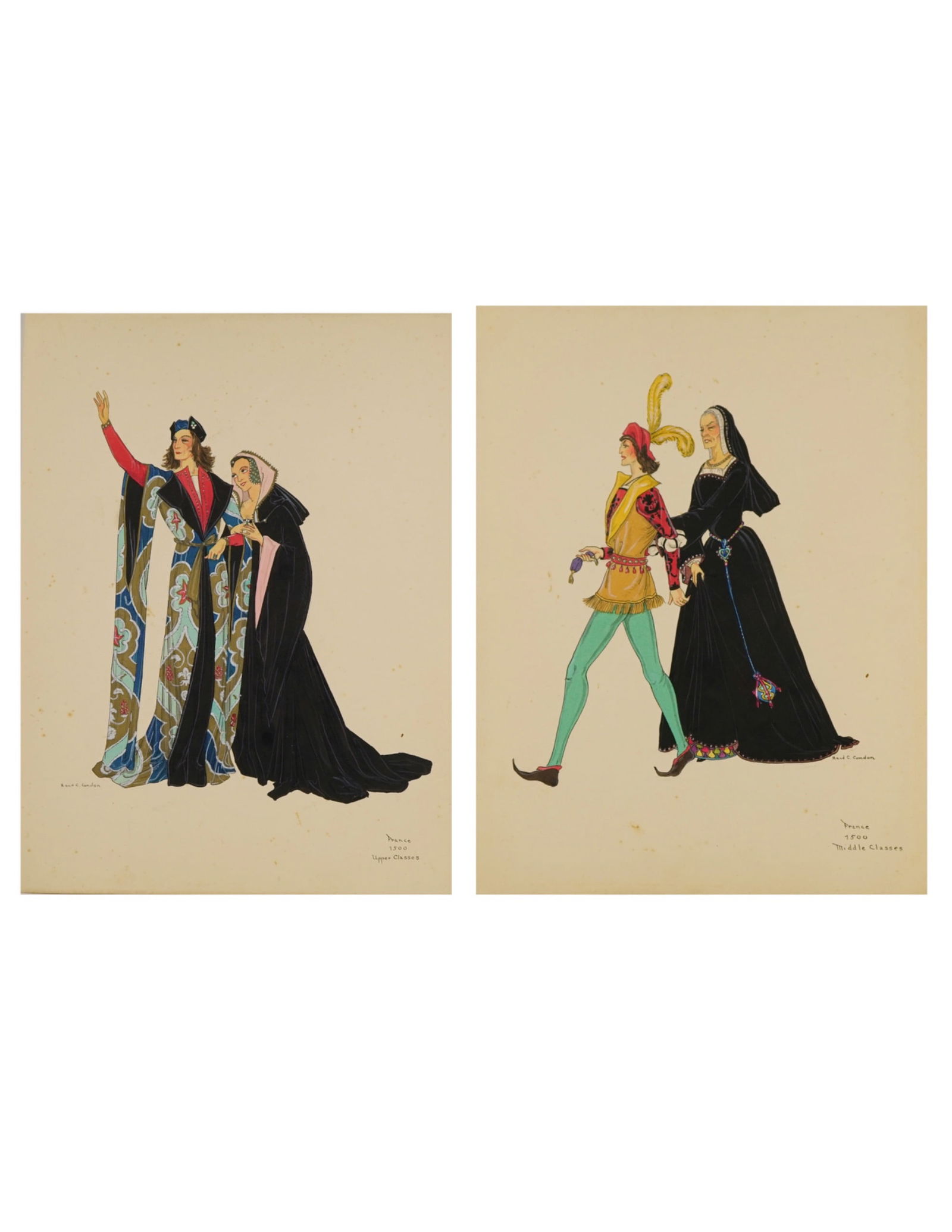 H. & C. Condon, 2pc Theatre Costume Design Watercolors on Paper, Signed (1 of 7)
