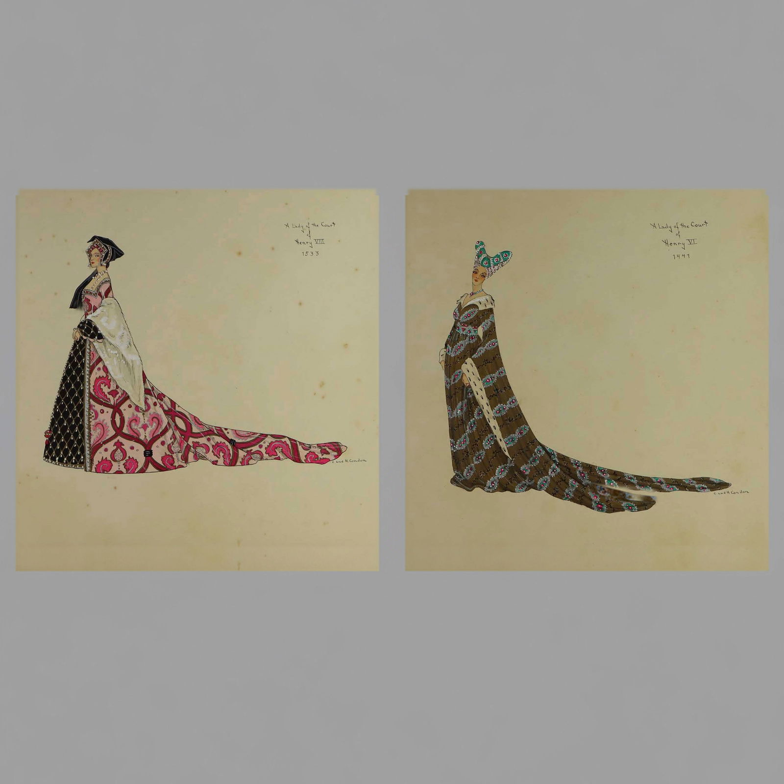 H. & C. Condon, 2pc Costume Design Watercolors & Ink on Paper, Signed (1 of 10)