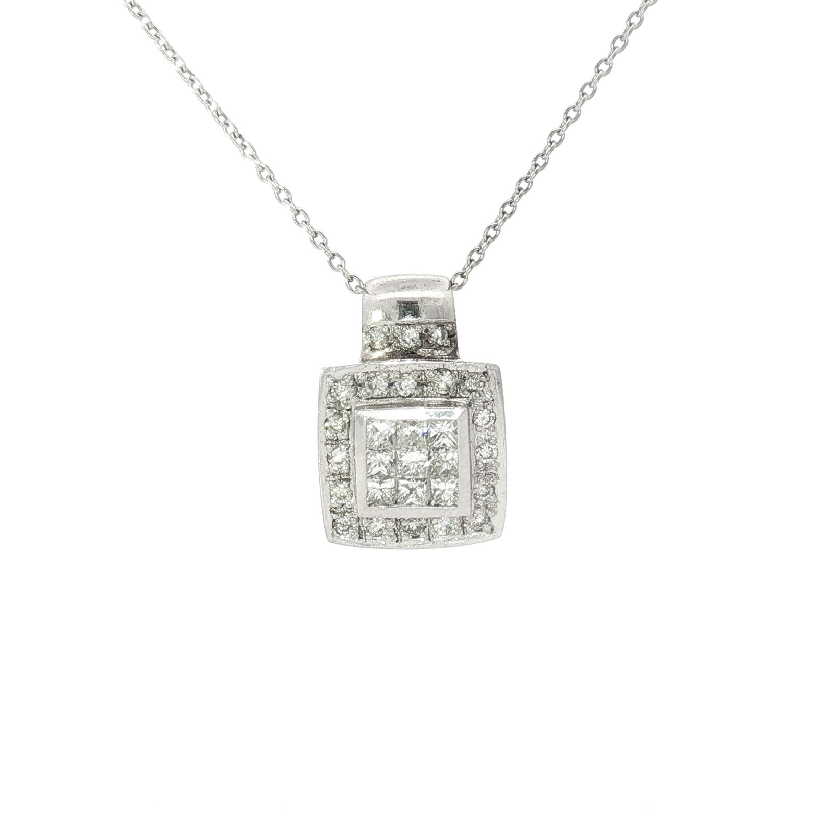 14K White Gold and 1.00ctw Diamond Square Pendant Necklace: A 14k white gold pendant necklace featuring a square-shaped pendant on a fine cable chain. The pendant is centered with a grid of nine princess-cut diamonds, surrounded by a row of round-cut diamond a