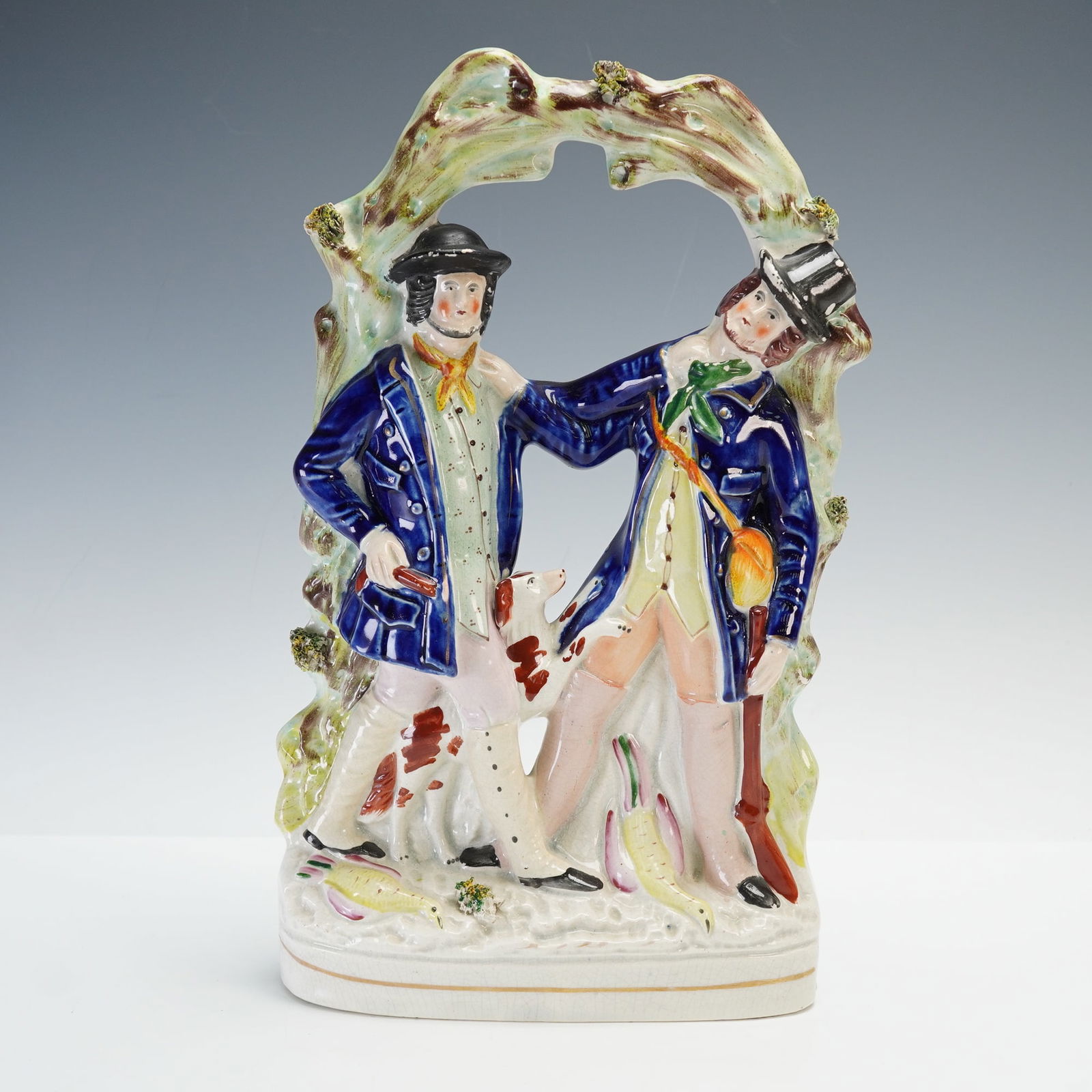 Staffordshire Pottery Sculpture, The Murder of Thomas Smith: Antique English Staffordshire pottery figure group titled The Murder of Thomas Smith by William Collier. Depicts the dramatic confrontation beneath an arch of trees, accompanied by a dog and game bird
