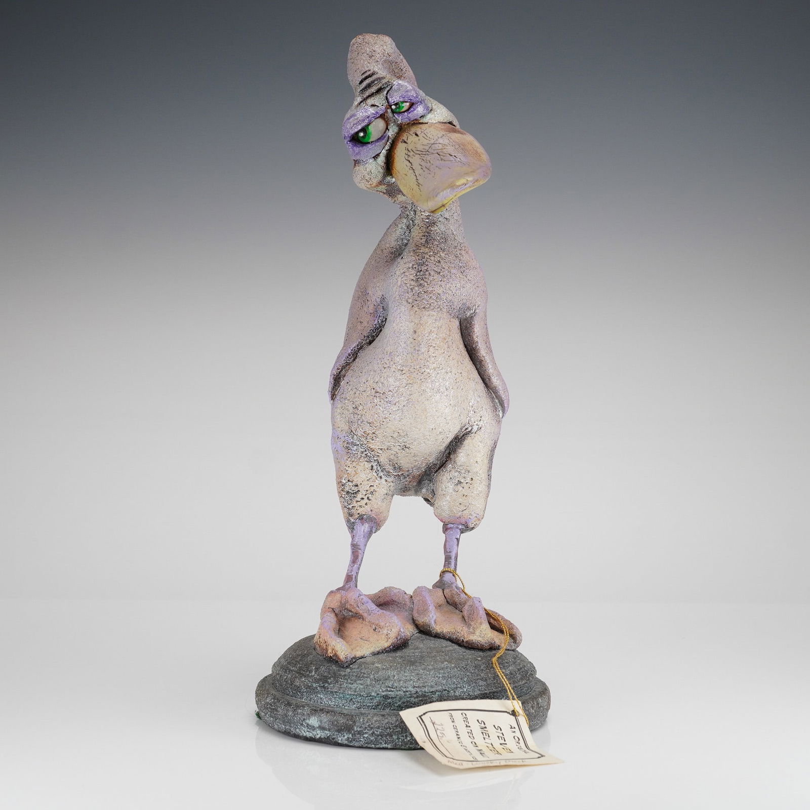 Steven Lee Smeltzer Ceramic Sculpture Tweaked Beak Series: A contemporary ceramic sculpture attributed to artist Steven Lee Smeltzer, depicting a stylized, anthropomorphic bird-like creature. This hand sculpted character, as seen through the eyes of Steven Sm