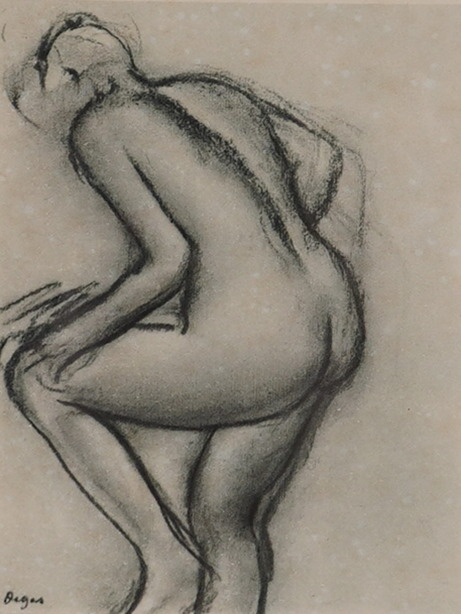 After Edgar Degas (French, 1834-1917), Study of a Nude Engraving on Paper: After Edgar Degas (French, 1834-1917), Study of a Nude is an engraving on paper that depicts a female nude from a rear-oblique perspective in a seated position. The work is rendered with bold, gestura