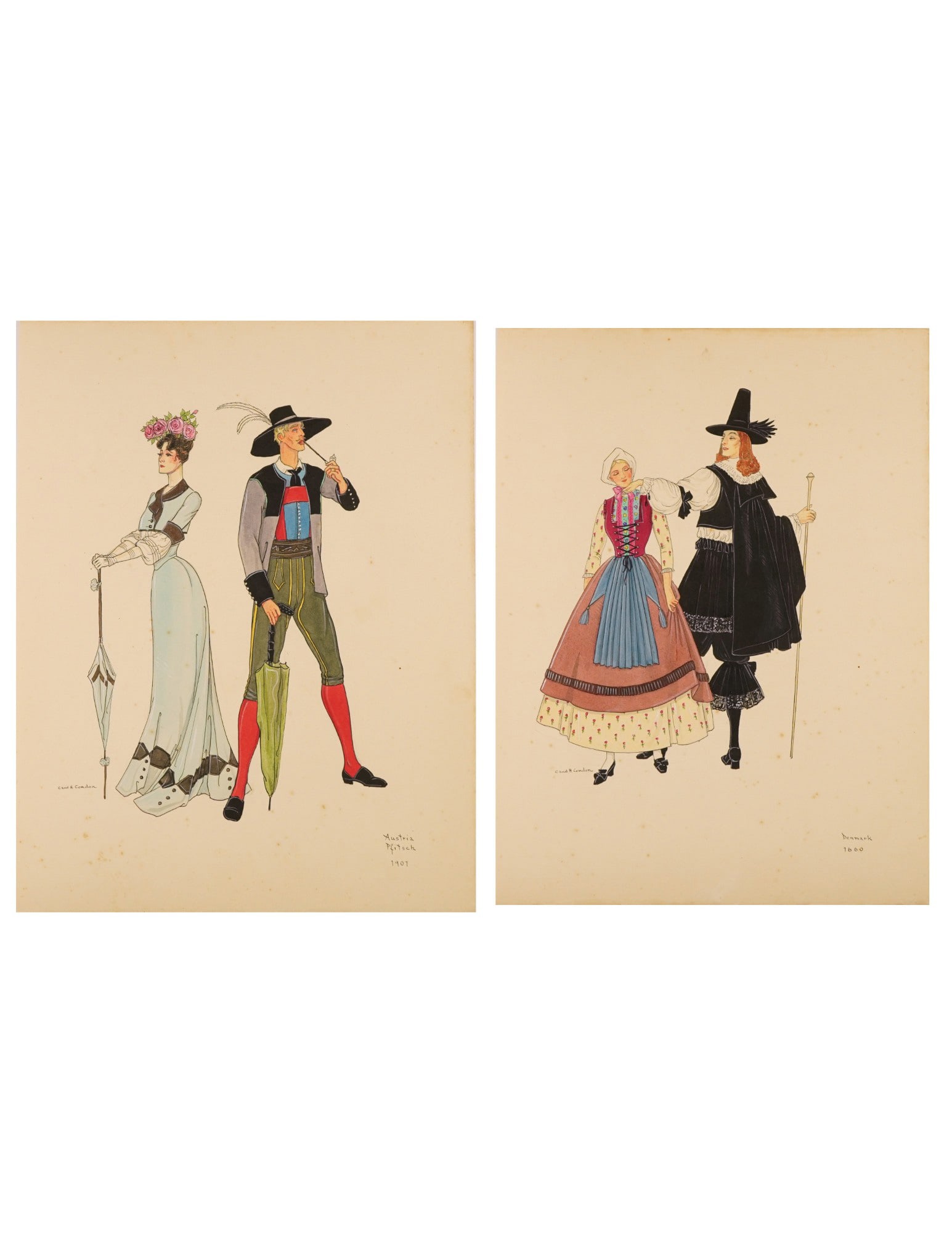 H. & C. Condon, 2pc Theatre Costume Design Watercolors on Paper, Signed: Two charming original watercolor illustrations by Hamilton and Clarissa Condon, each depicting elegant couples in traditional European attire, one marked Austria Pfitsch 1907 and the other Denmark 166