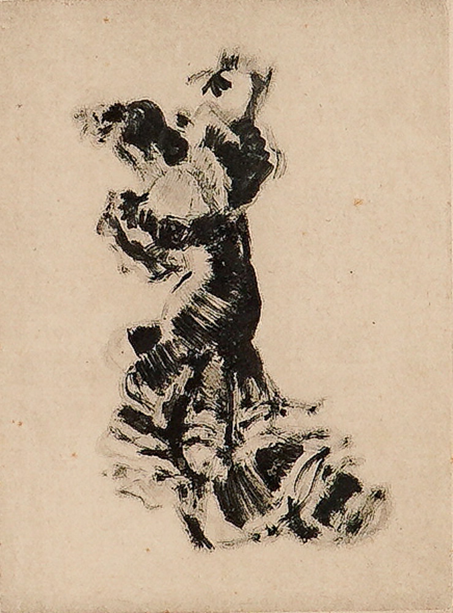 After Roc Riera Rojas (Spanish, 1913-1992) Spanish Dancer Intaglio Print: This artwork is an intaglio print on paper after the Spanish artist Roc Riera Rojas (1913-1992), depicting a Spanish dancer. The figure is rendered in a dynamic and expressive style, shown in a ruffle