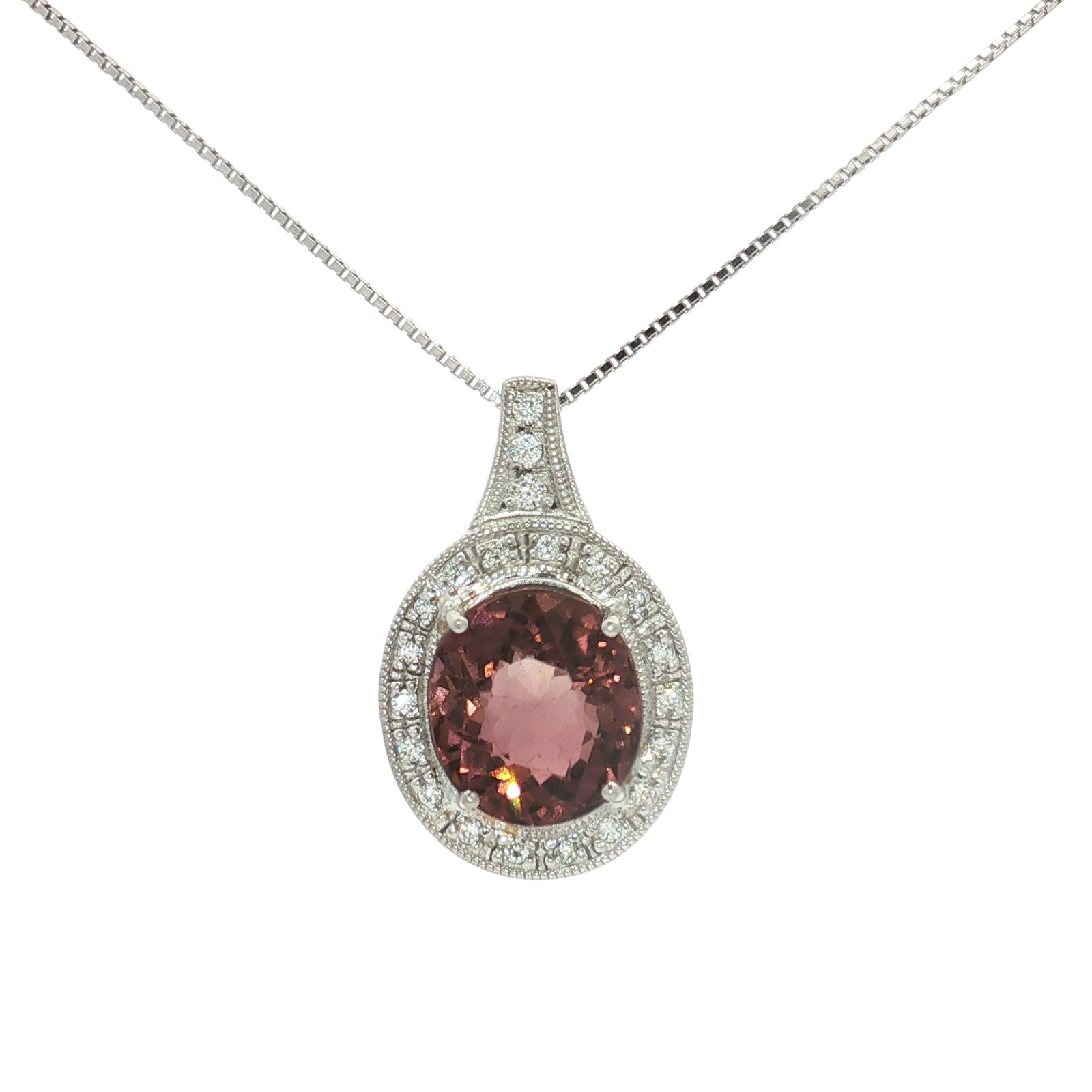 6.00ct Orange Pink Oval Tourmaline and 0.21ctw Diamond Platinum Necklace: This necklace features an oval-faceted orange-pink tourmaline set within a platinum pendant. The central gemstone is secured by four prongs and is surrounded by a halo of round-cut diamonds. The penda