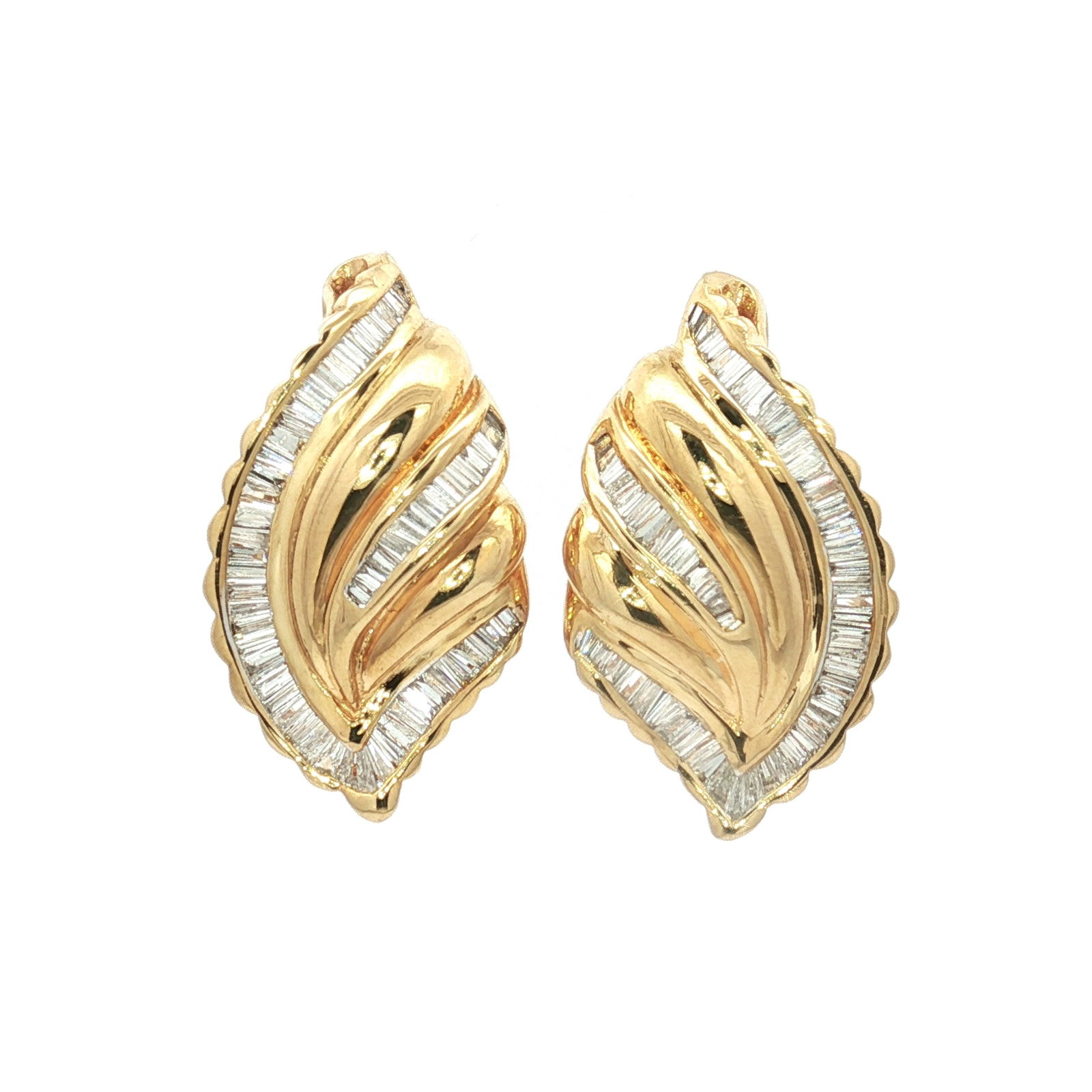 Pair of Estate 18K Yellow Gold and 1.00ctw Baguette Diamond Earrings: These 18k yellow gold earrings feature a stylized leaf-motif. Each earring is designed with a dynamic swirling pattern composed of polished gold ribbons interspersed with rows of channel-set baguette-
