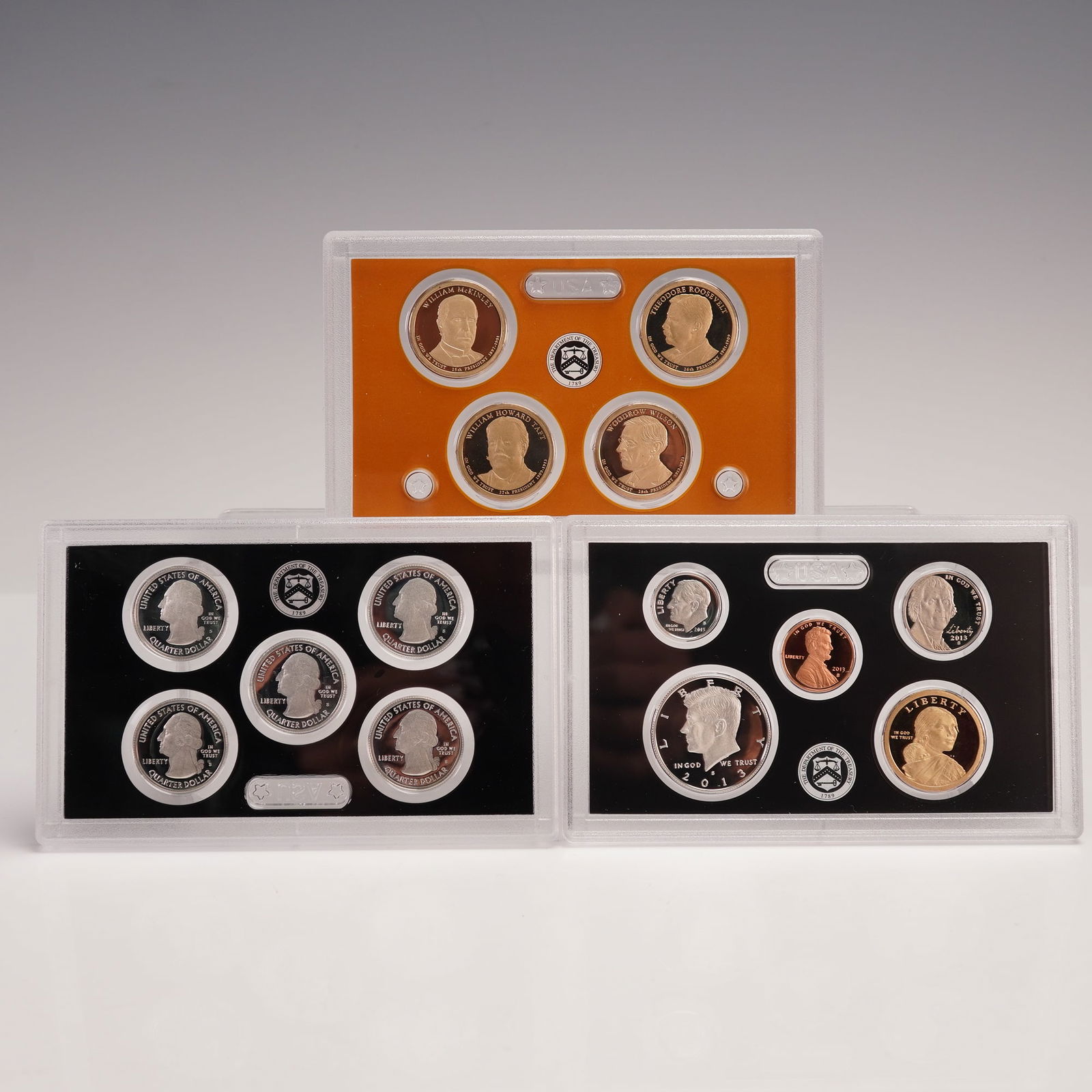 3pc 2013-S United States Mint Silver Proof Set: This 14-piece proof set was minted by the U.S. Mint in San Francisco and comes complete in its original packaging with protective hard plastic cases, outer box, and Certificate of Authenticity. The