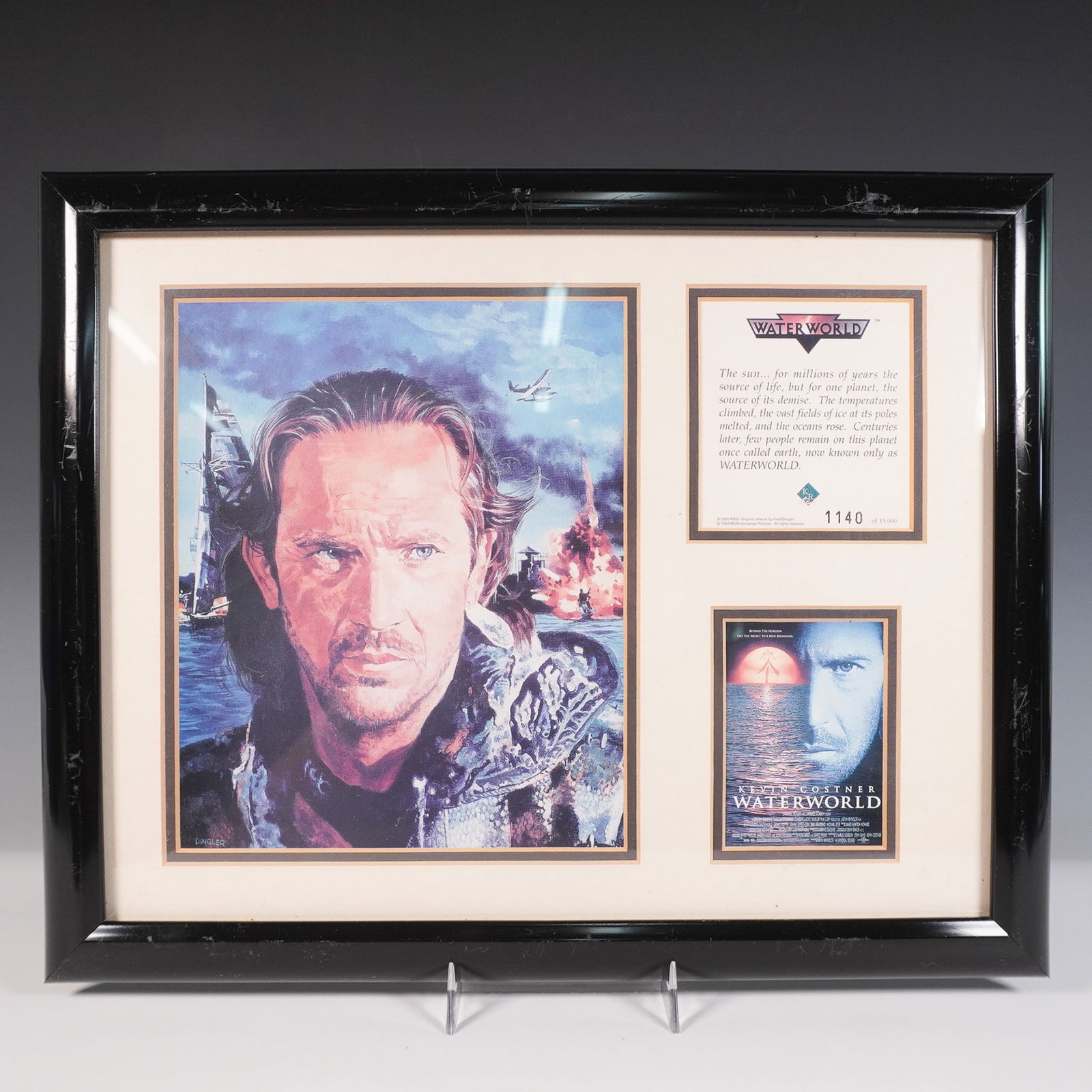Frank Dingler Framed Movie Lithograph, Waterworld: Framed limited edition lithograph featuring imagery from the 1995 American post-apocalyptic action film Waterworld, starring Kevin Costner and Dennis Hopper. The composition includes an illustrated po