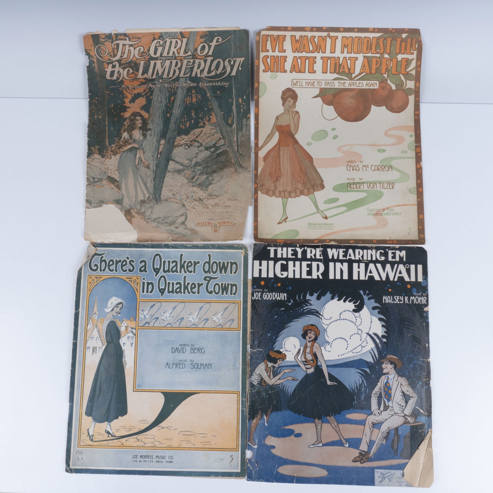 4pc Set Of Antique Oversized Sheet Music: Rare finds of Broadway selections and music standards. 1915's The Girl Of the Limberlost, 1916's There's a Quaker Down In Quaker Town, Eve Wasn't Modest Till She Ate That Apple, and a 1916 original co