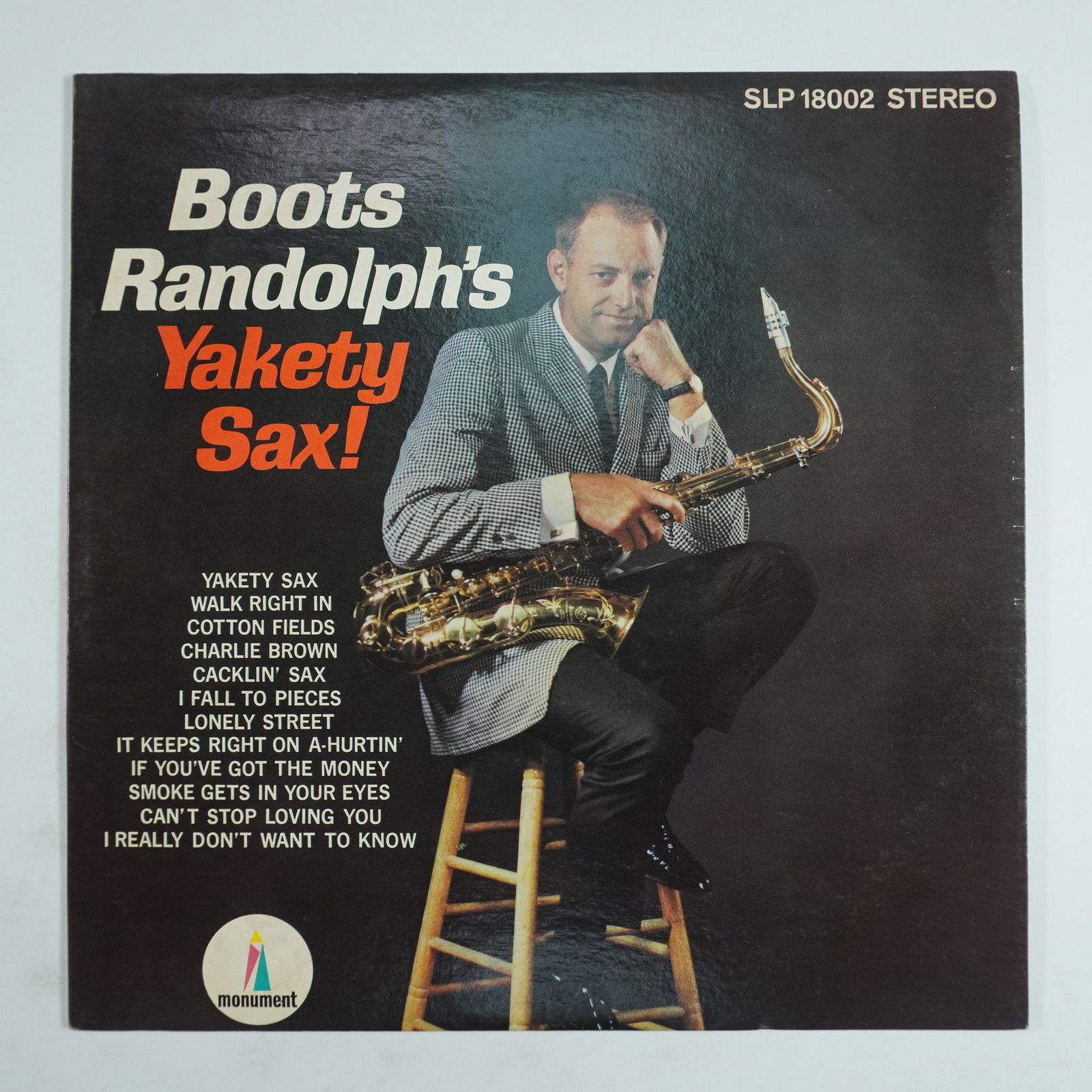Boots Randolph Yakety Sax Vinyl Record: Boots Randolph Yakety Sax vinyl record, released by Monument Records, catalog number SLP-18002. This classic album features Randolph's signature song Yakety Sax, widely recognized for its association