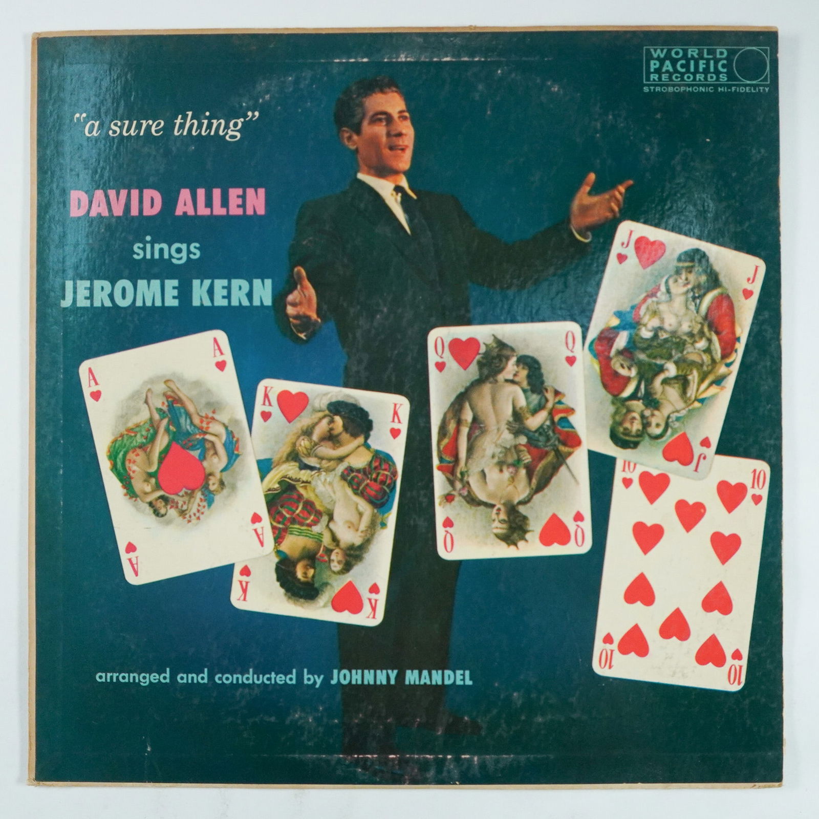 David Allen A Sure Thing LP, World Pacific Records WPM-408: Vintage vinyl record album A Sure Thing by David Allen, featuring songs composed by Jerome Kern. Released by World Pacific Records, catalog number WPM-408. The album includes orchestral arrangements c