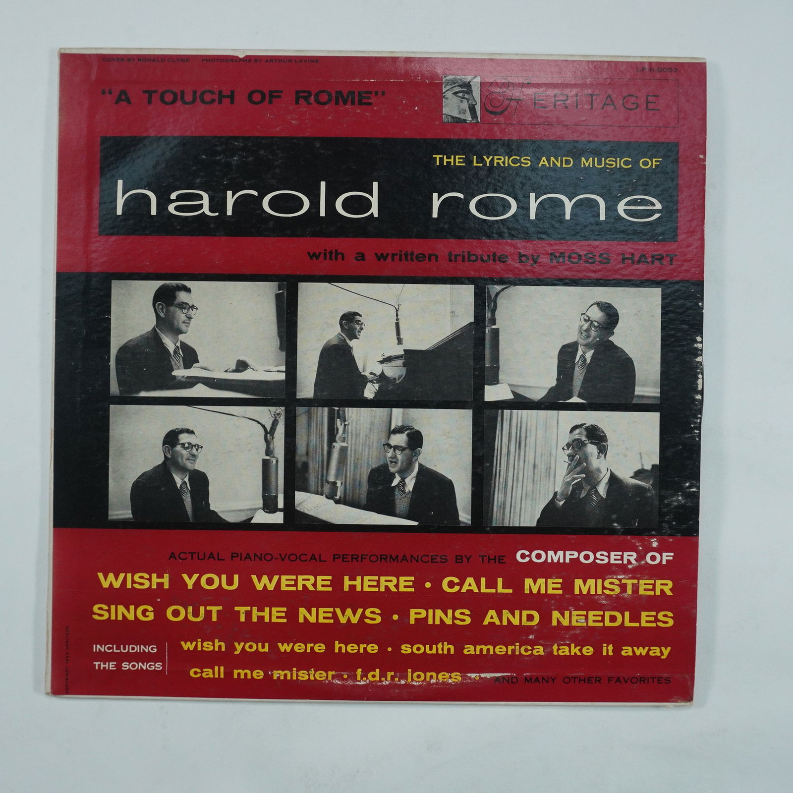 Harold Rome A Touch of Rome Vinyl Record: Heritage Productions, New York, 1953. Harold Rome, renowned American composer and lyricist, performs piano-vocal renditions of his notable works. This album, A Touch of Rome, includes selections from