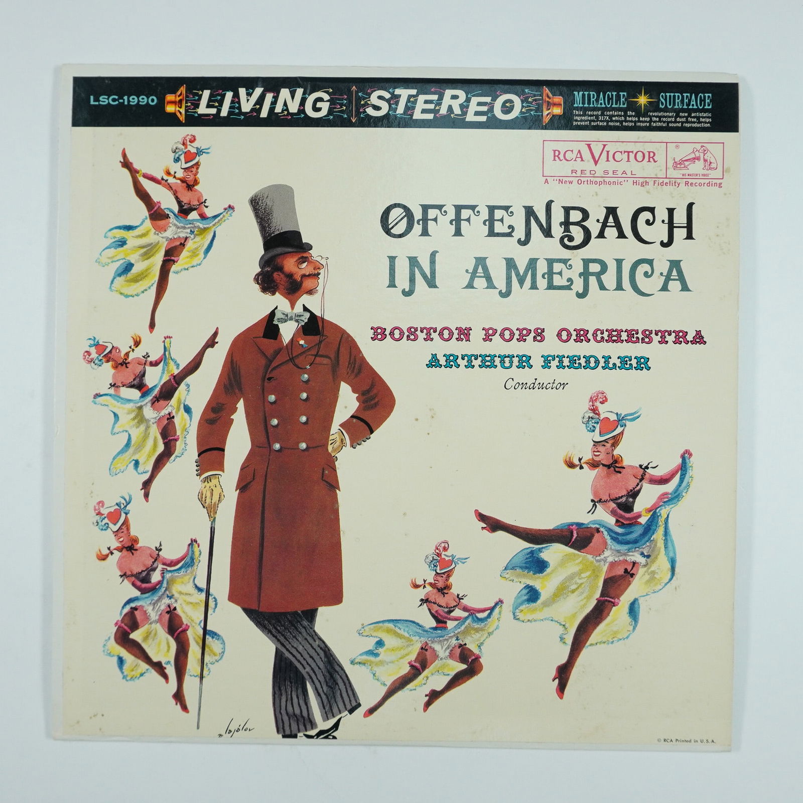 RCA Victor Vinyl Record LP, Offenbach In America: Vintage RCA Victor Red Seal LP featuring 'Offenbach In America' performed by the Boston Pops Orchestra under the direction of Arthur Fiedler. This classical music album showcases orchestral renditions