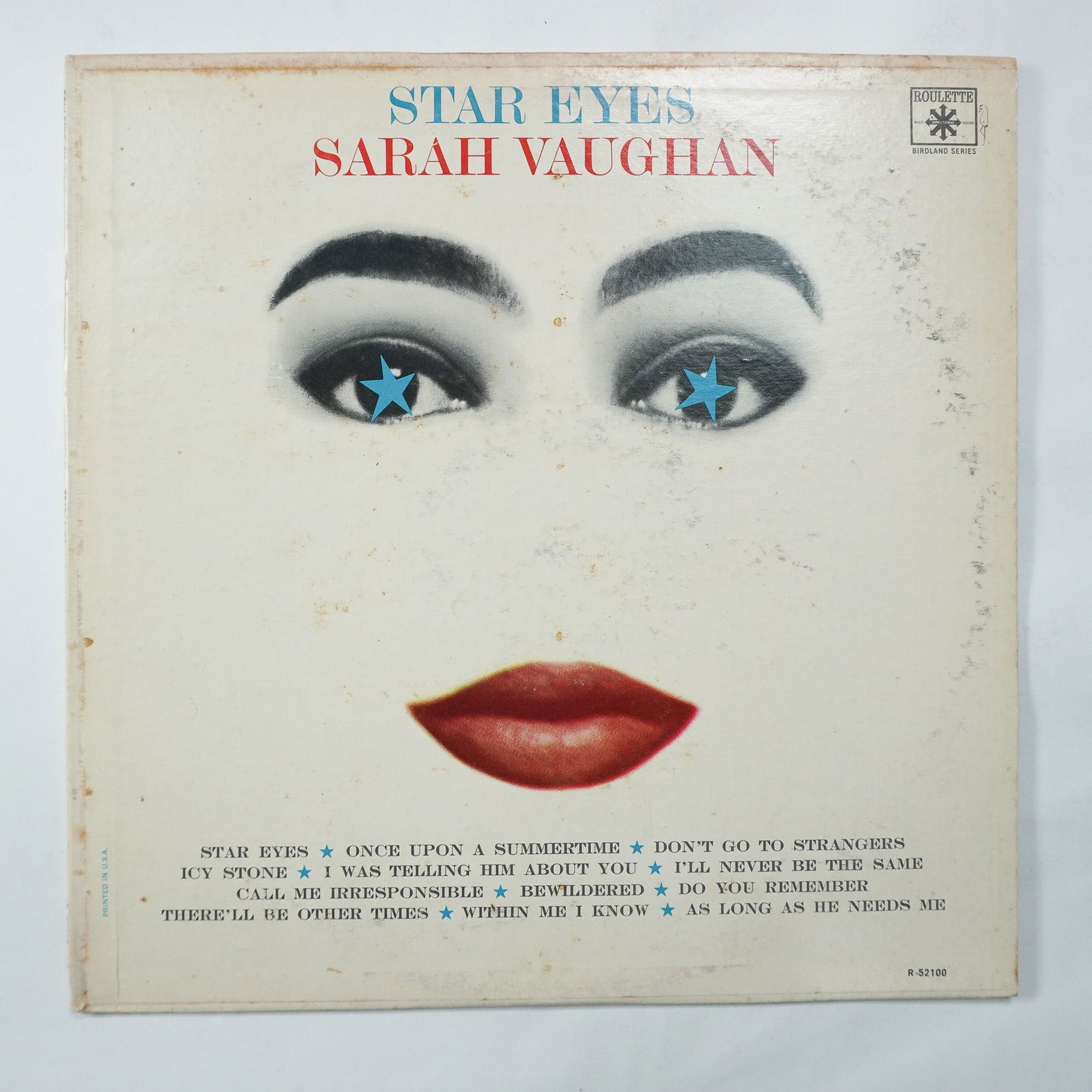 Sarah Vaughan Star Eyes Vinyl LP, Roulette R-52100: Original 1963 pressing of Star Eyes by jazz legend Sarah Vaughan, released on Roulette Records (R-52100). This LP features Vaughan's signature smooth vocals across a collection of jazz standards and b