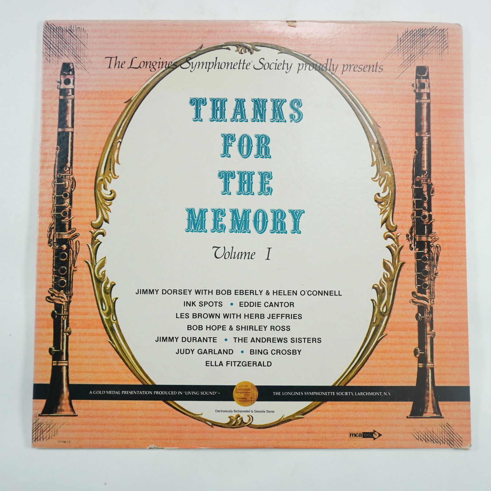 Thanks For The Memory Volume 1 Vinyl Record Album: Released by The Longines Symphonette Society, this vintage vinyl record album titled Thanks For The Memory Volume 1 features performances by notable artists such as Jimmy Dorsey, Bob Hope, Bing Crosby