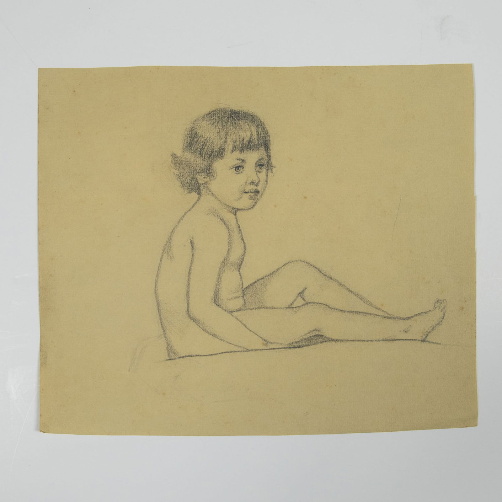 Original Graphite Drawing on Paper, Nude of a Sitting Girl: Original pencil drawing on beige laid paper with a blind stamp: PMF. Nude of a sitting girl with beautiful eyes, rendered with soft pencil strokes. Issued: 1950s Dimensions: 16"L x 12"H