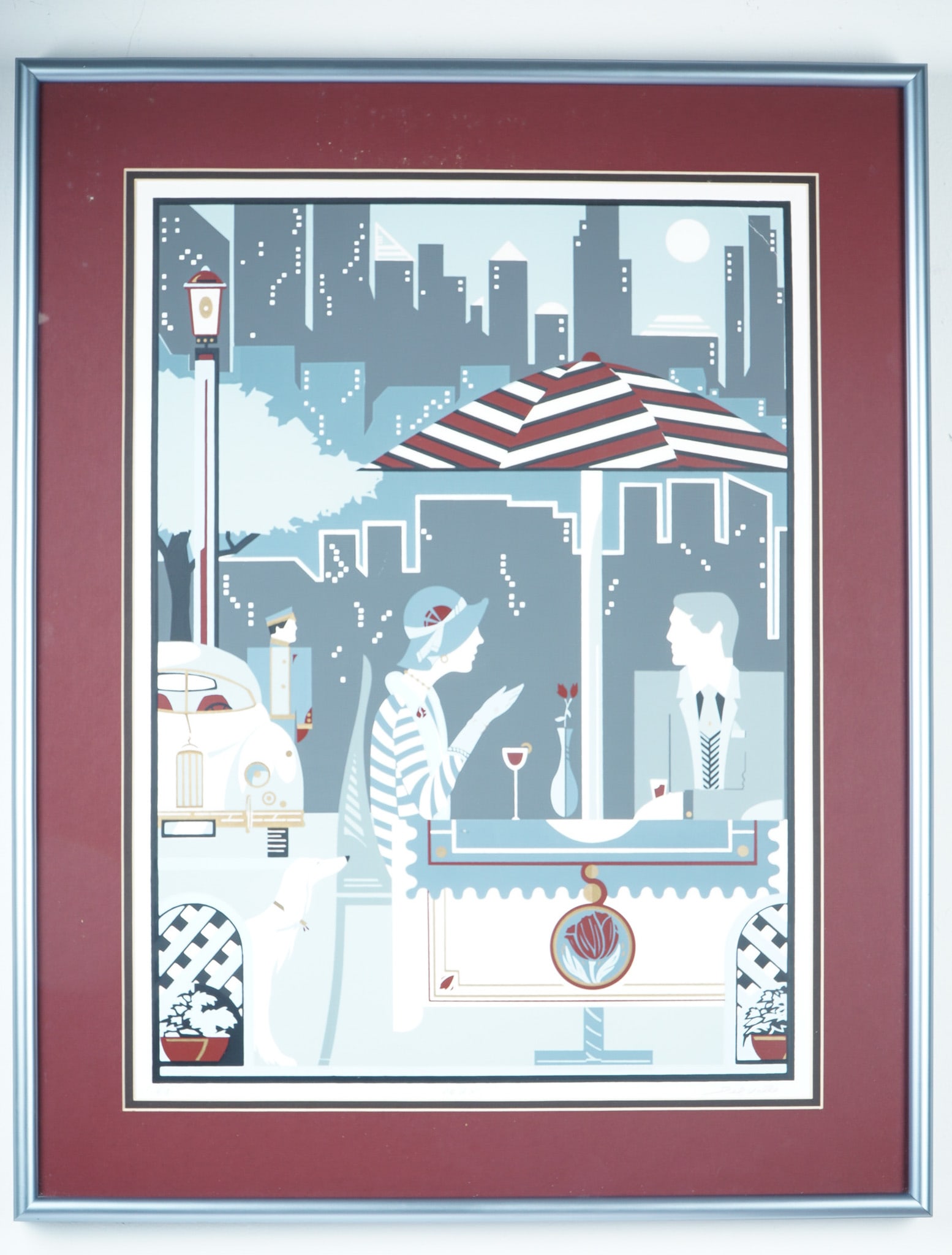 Luis Peralta Del Valle, Serigraph on Paper, Deux, Artist Proof & Signed: Framed serigraph on paper titled Deux by Luis Peralta Del Valle, signed by the artist in pencil at lower right. This stylized Art Deco-style composition features a couple dining al fresco beneath a re