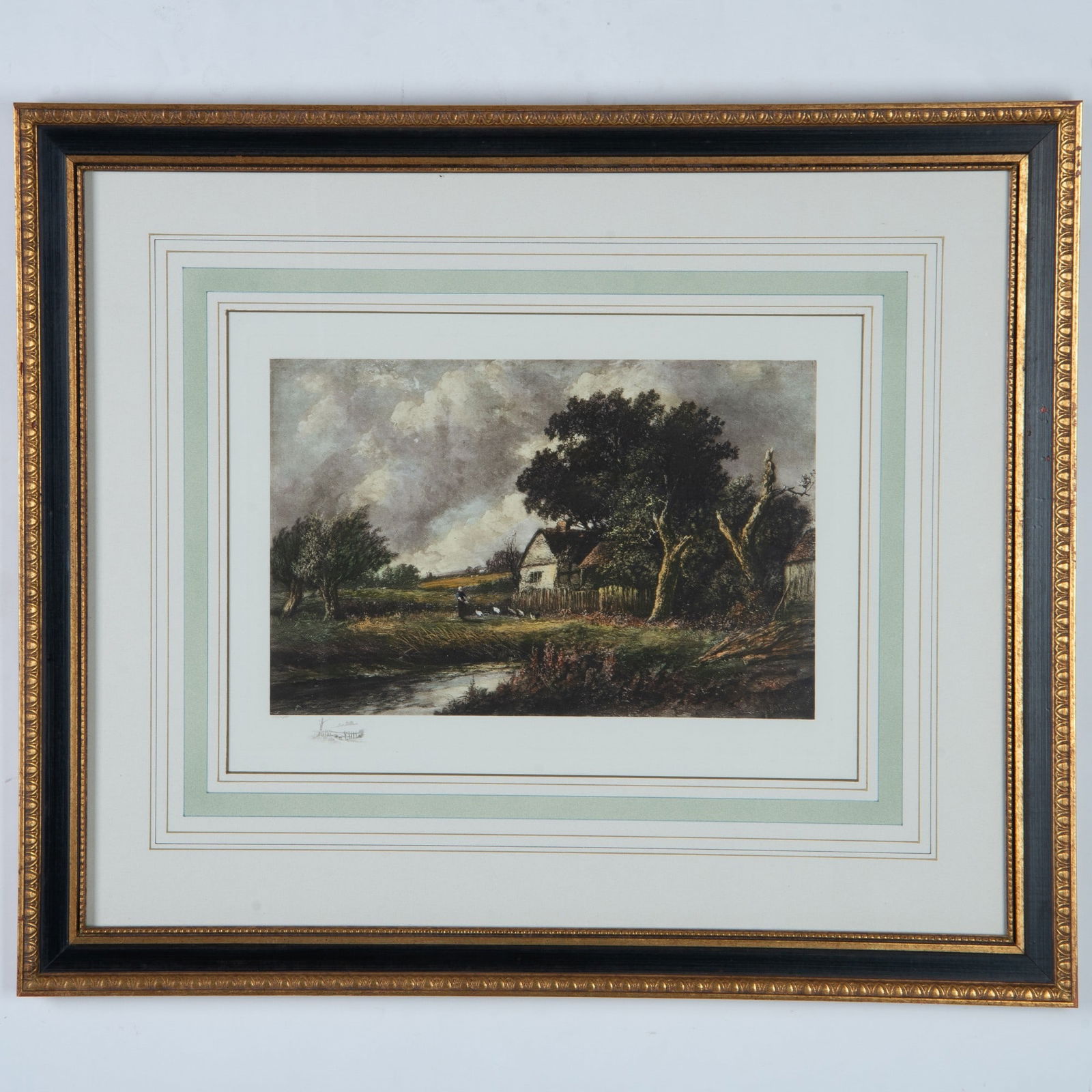 Style of Camille Corot, Original Color Lithograph on Paper: Finely colored original lithograph on laid paper that depicts a French countryside house in the style of Jean-Baptiste Camille Corot and the Barbizon School. Stamp on verso: Styled for Cobbies of Cash