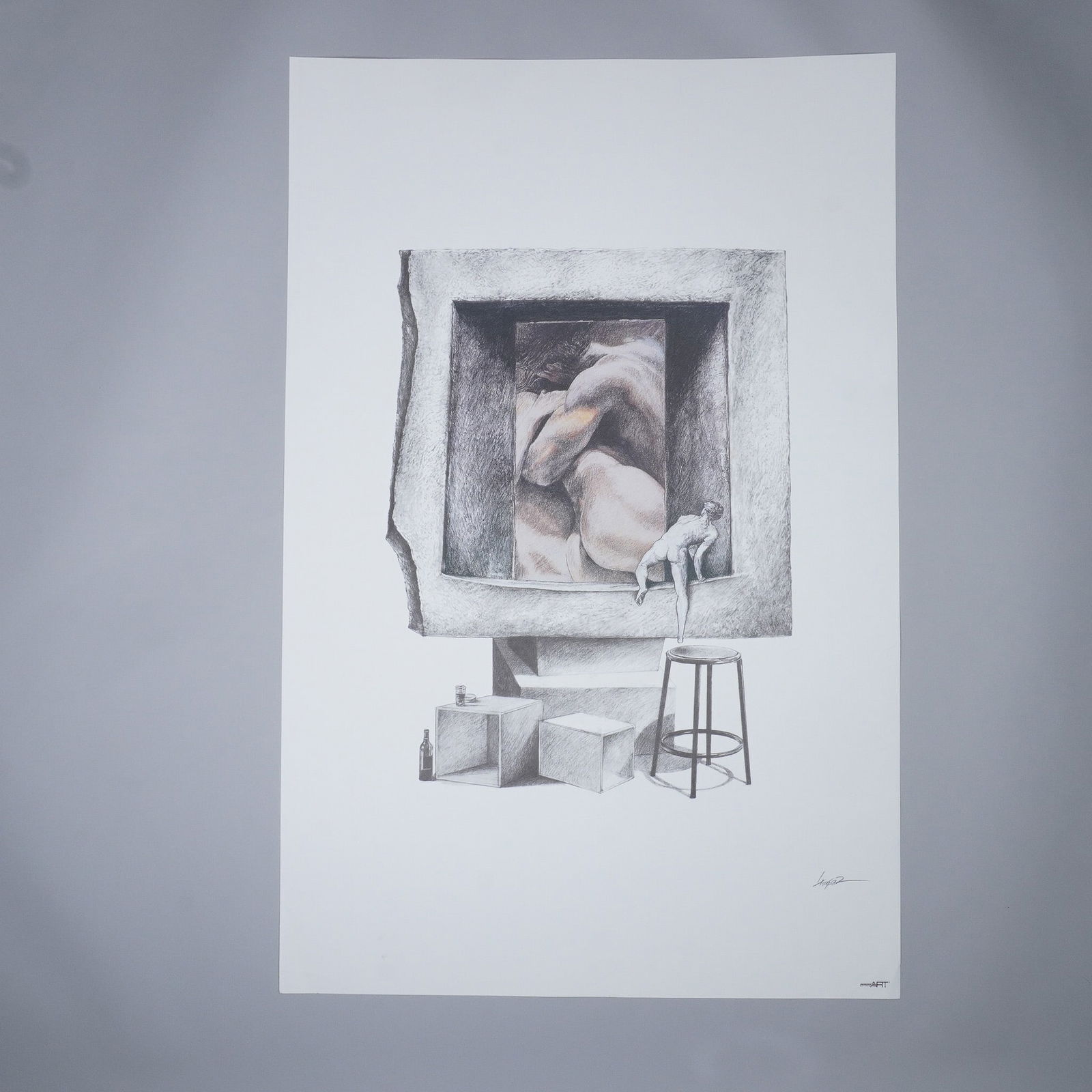 Ari Harpaz Large Contemporary Figurative Print: A striking large-format print featuring a surreal figurative composition with intricate detail and shading. This piece portrays a thought-provoking scene of a nude figure seemingly emerging from or in