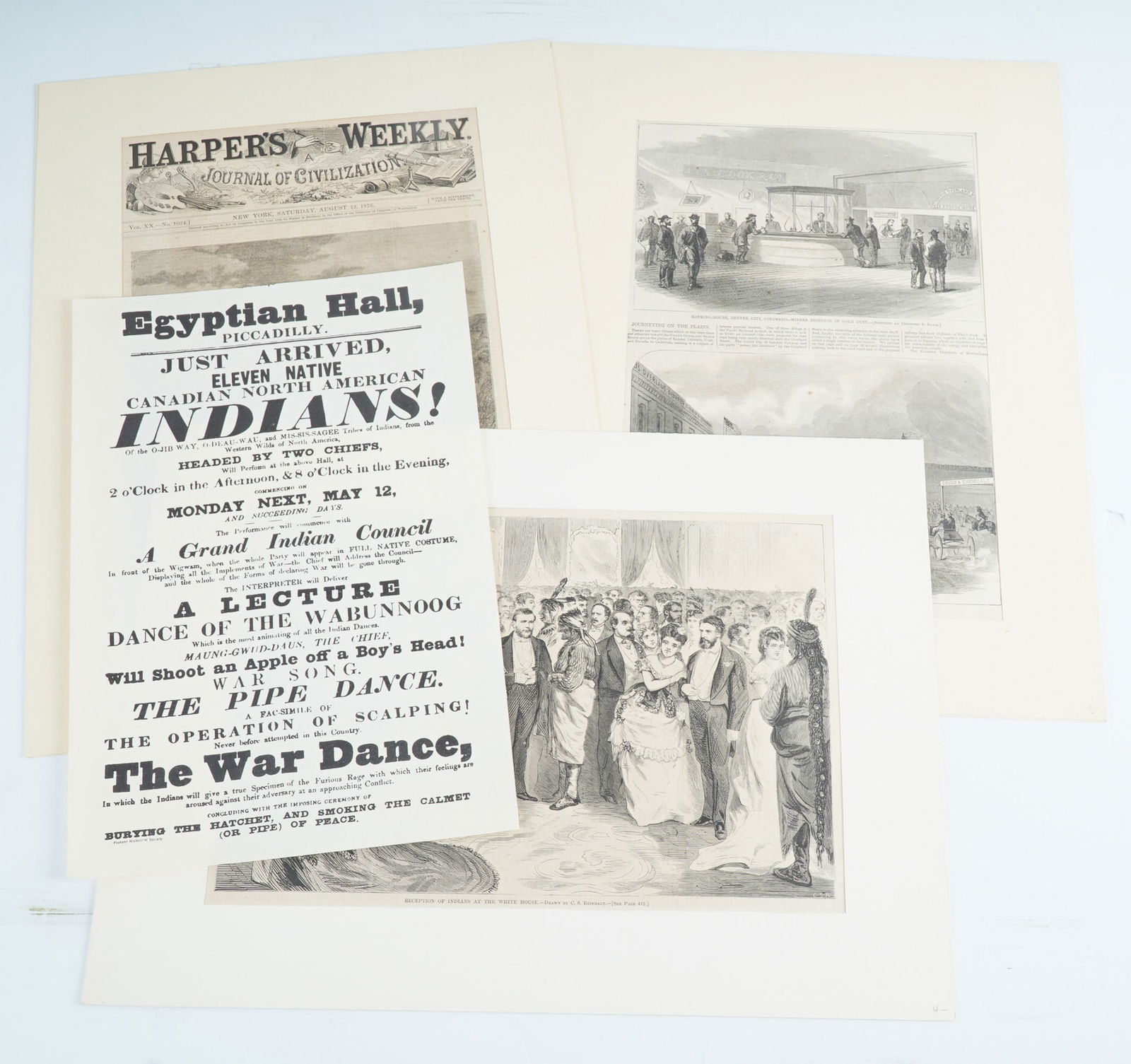4pc Harper's Weekly Historic Illustrated Prints and Reproduction Flyer: Group of four black-and-white historical pieces, including three illustrated prints pulled from 19th-century periodicals and one reproduction flyer. Includes a Harper's Weekly front page dated August