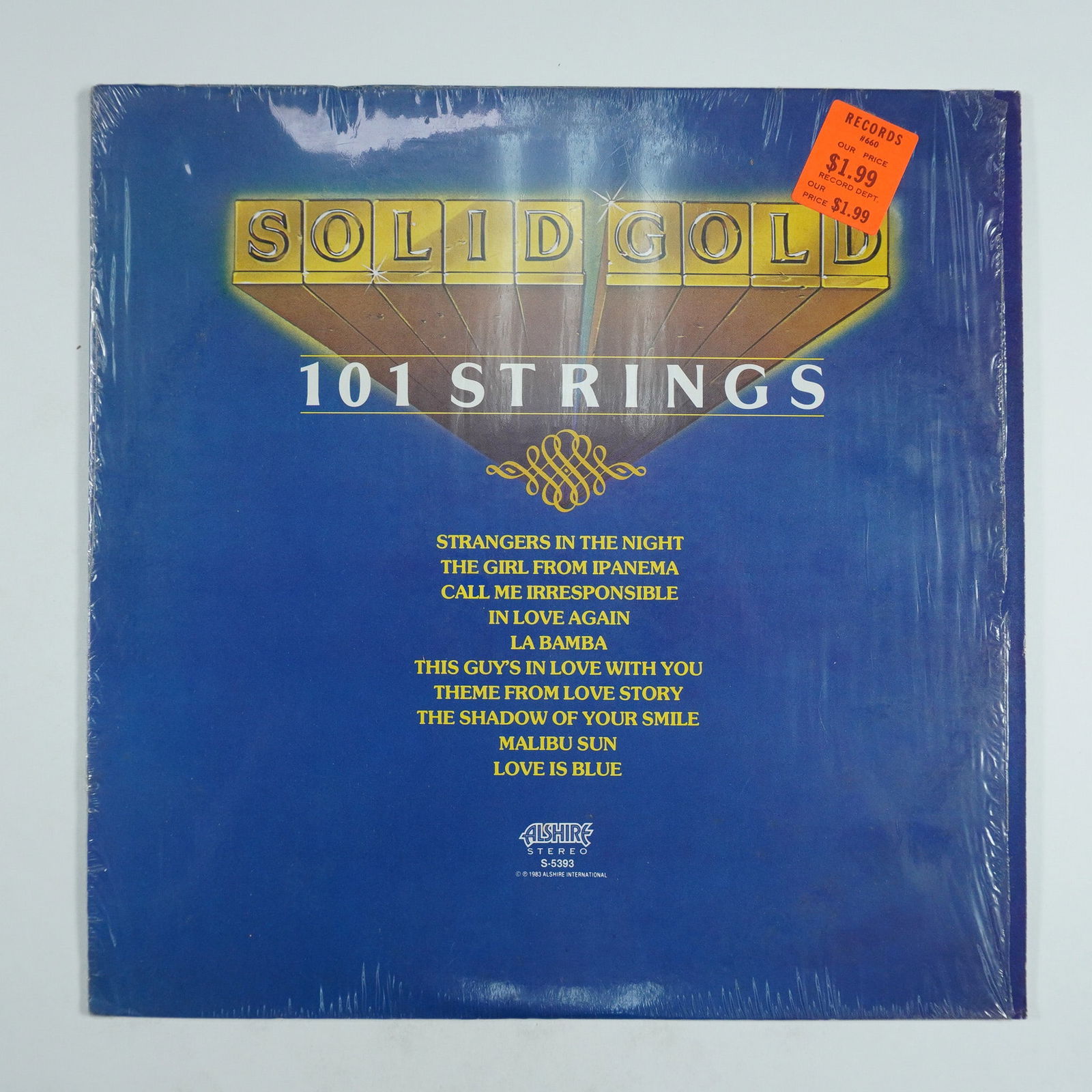 101 Strings Vinyl Record, Solid Gold: Presented by Alshire Records, this vinyl record features the renowned 101 Strings Orchestra performing a collection of beloved instrumental classics. 'Solid Gold' delivers lush orchestral arrangements