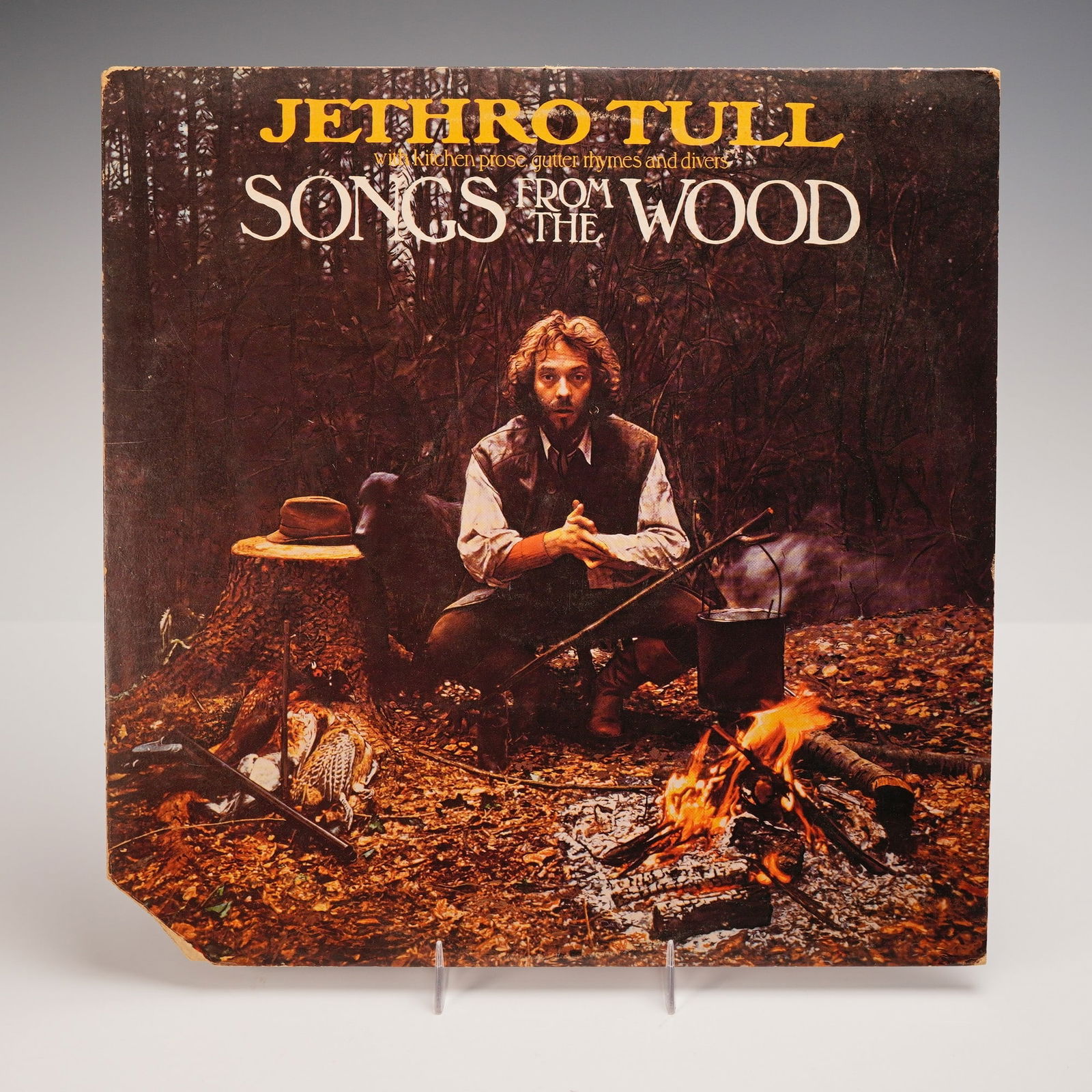 Chrysalis Records Jethro Tull Vinyl Record, Songs from the Wood: An original U.S. pressing of Jethro Tull's 1977 studio album "Songs from the Wood," released by Chrysalis Records. The front cover features a rustic woodland scene with bandleader Ian Anderson seated