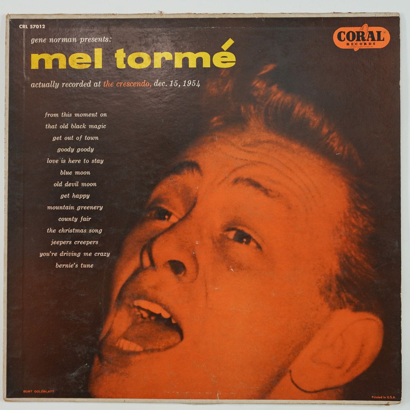 Mel Torme Live at the Crescendo Vinyl LP 1954: This 1954 vinyl LP captures Mel Torme's electrifying live performance at The Crescendo, a renowned Los Angeles jazz club. Released on Coral Records, the album showcases Torme's signature smooth vocals