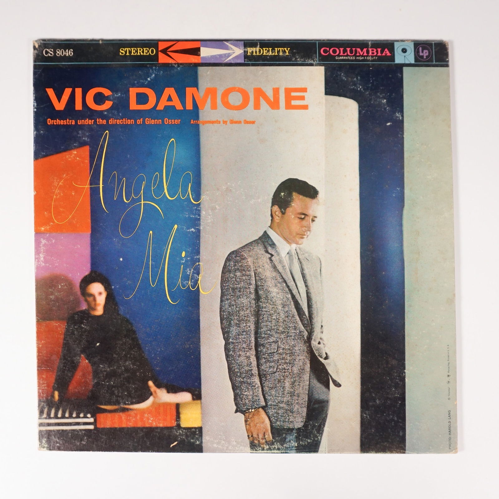 Vic Damone "Angela Mia" Vinyl LP Record, Columbia: Features a vintage Vic Damone vinyl LP record titled Angela Mia (Columbia CS 8046), featuring an orchestra under the direction of Glenn Osser. The album includes classic tracks such as "Angela Mia," "